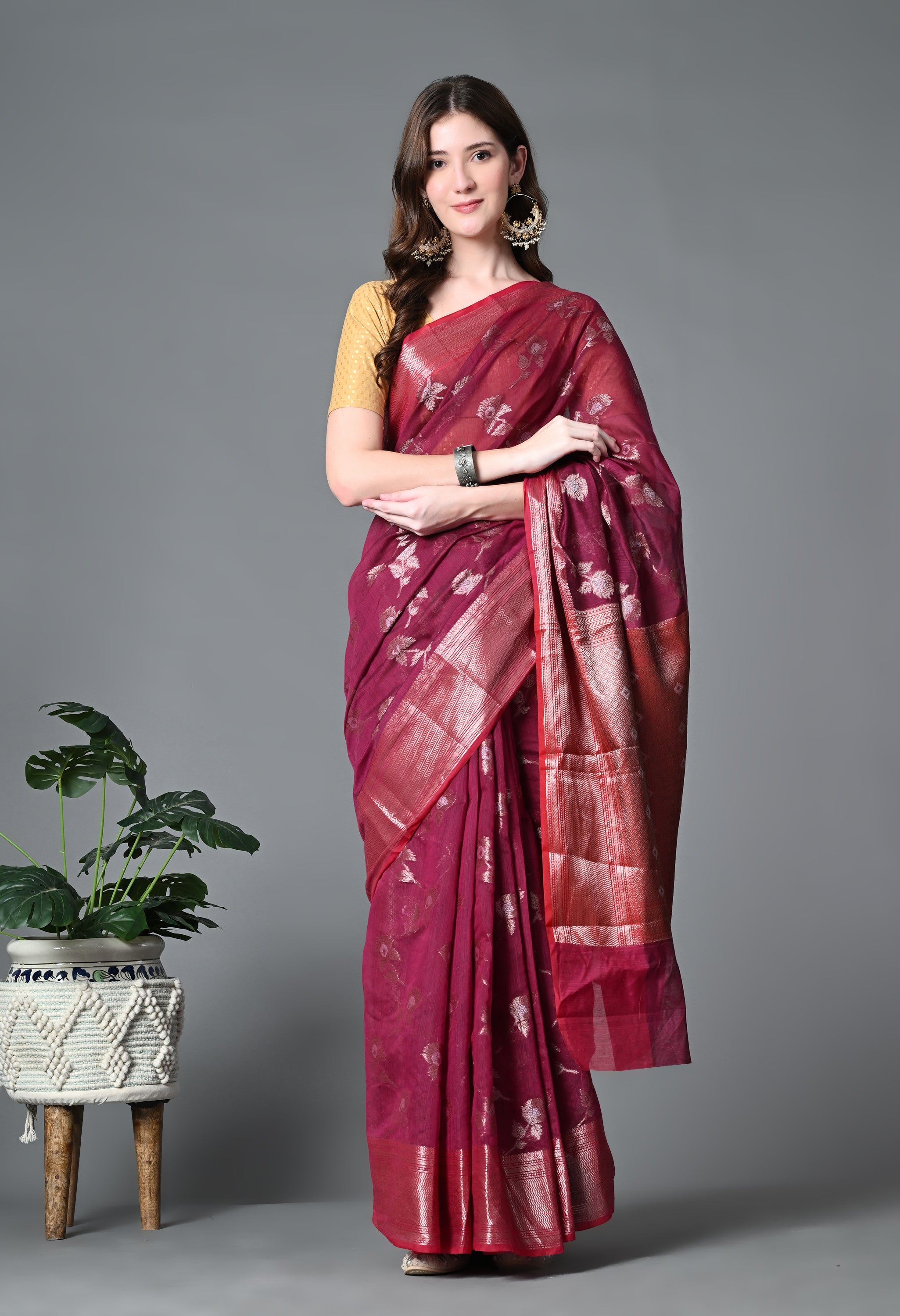 Maroon Kota Cotton Woven Saree with Heavy work