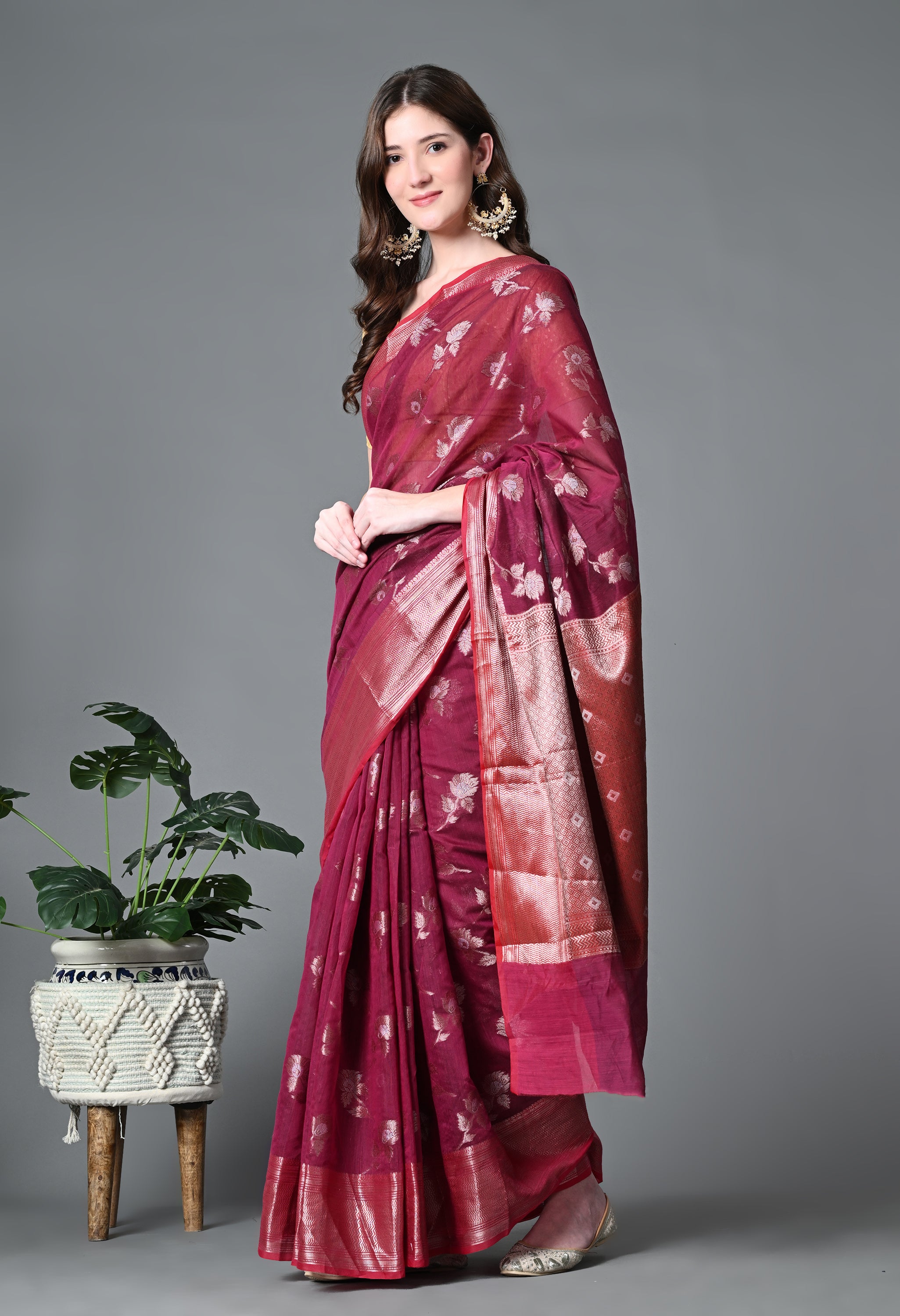 Maroon Kota Cotton Woven Saree with Heavy work