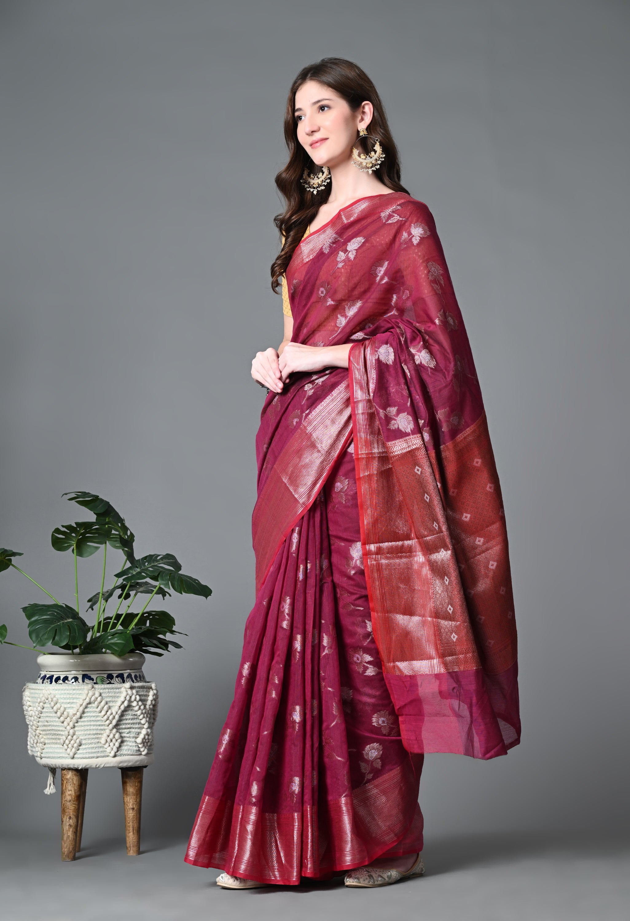 Maroon Kota Cotton Woven Saree with Heavy work