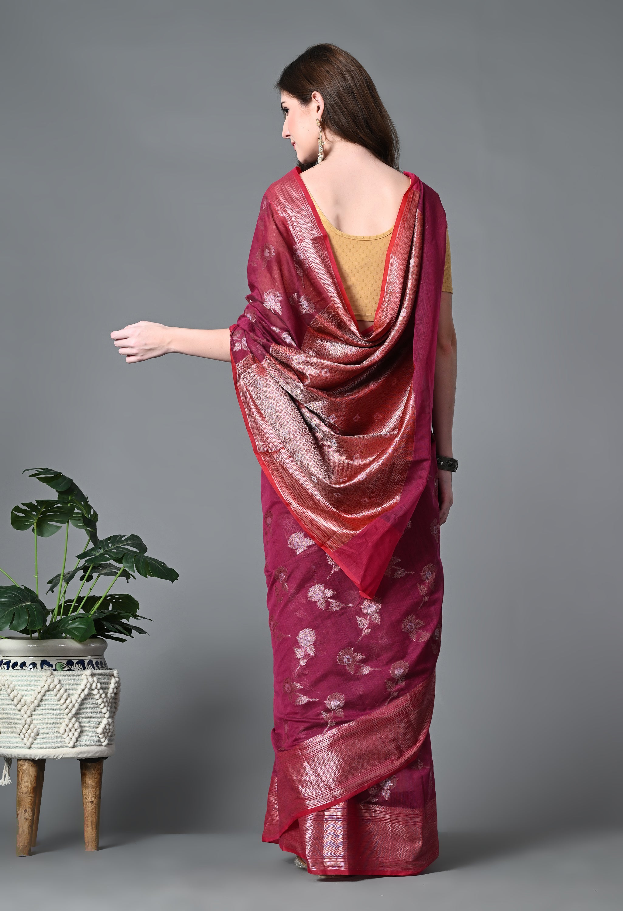 Maroon Kota Cotton Woven Saree with Heavy work