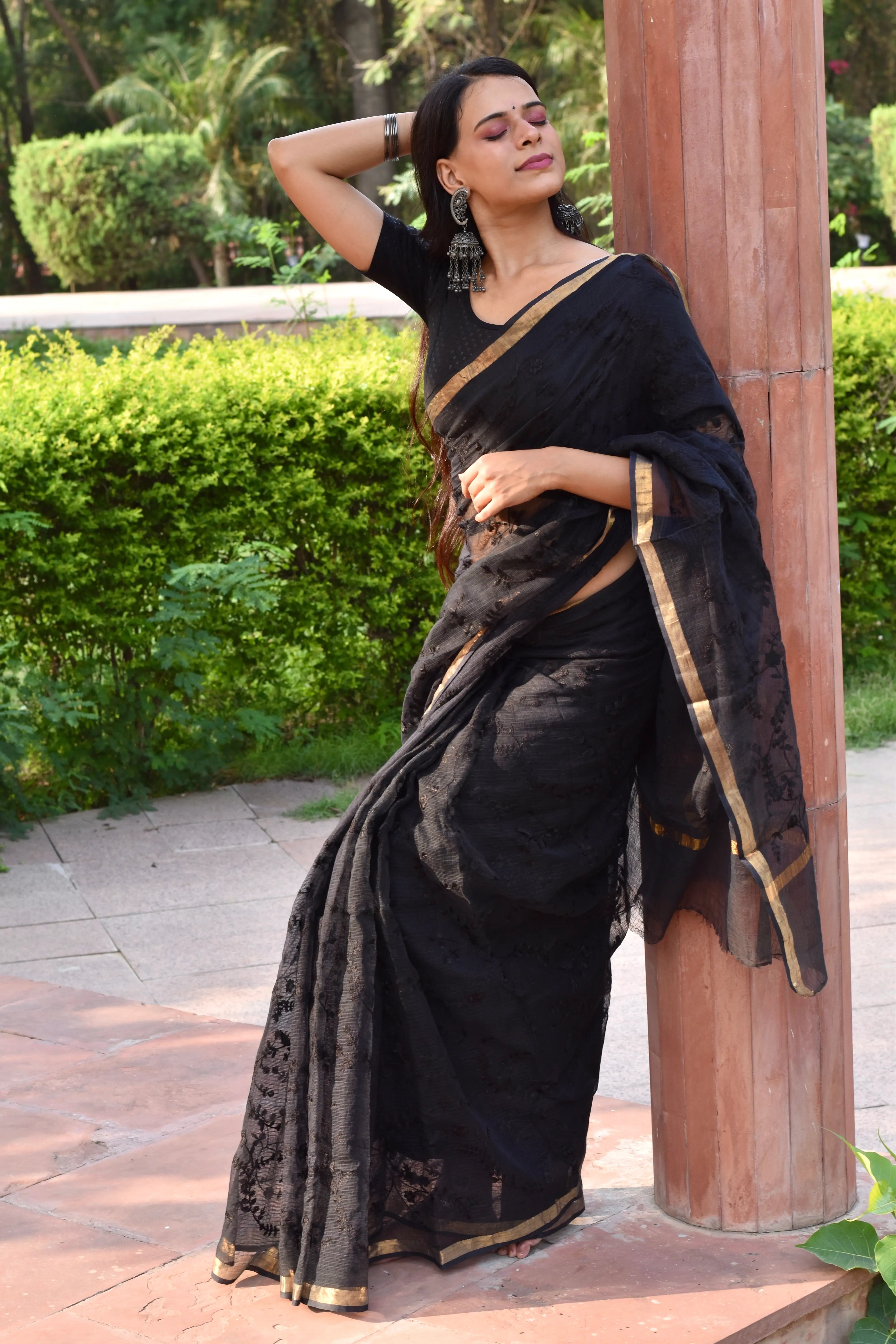 Raven Black Organic Cotton Saree with Opulent Embroidery