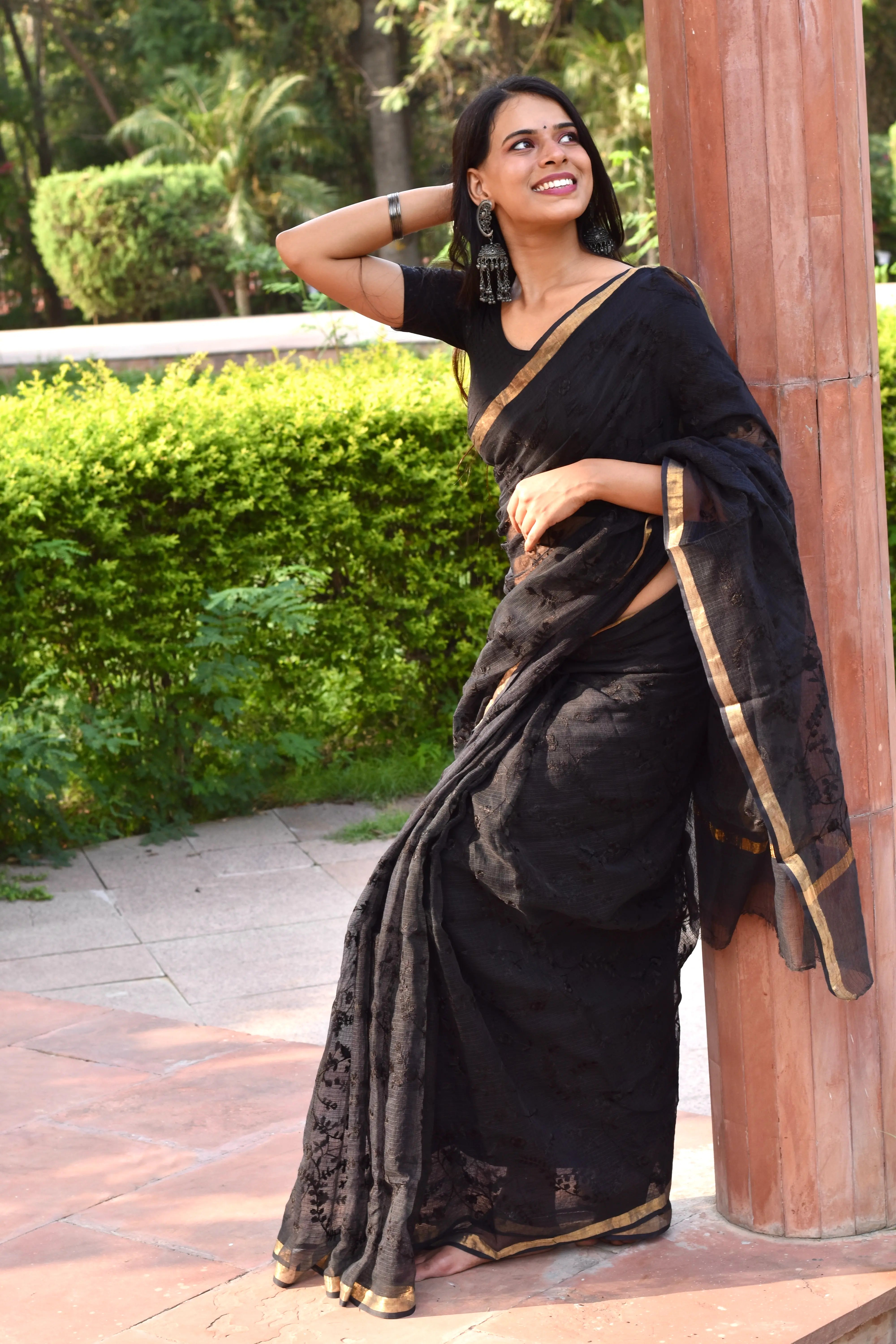 Raven Black Organic Cotton Saree with Opulent Embroidery