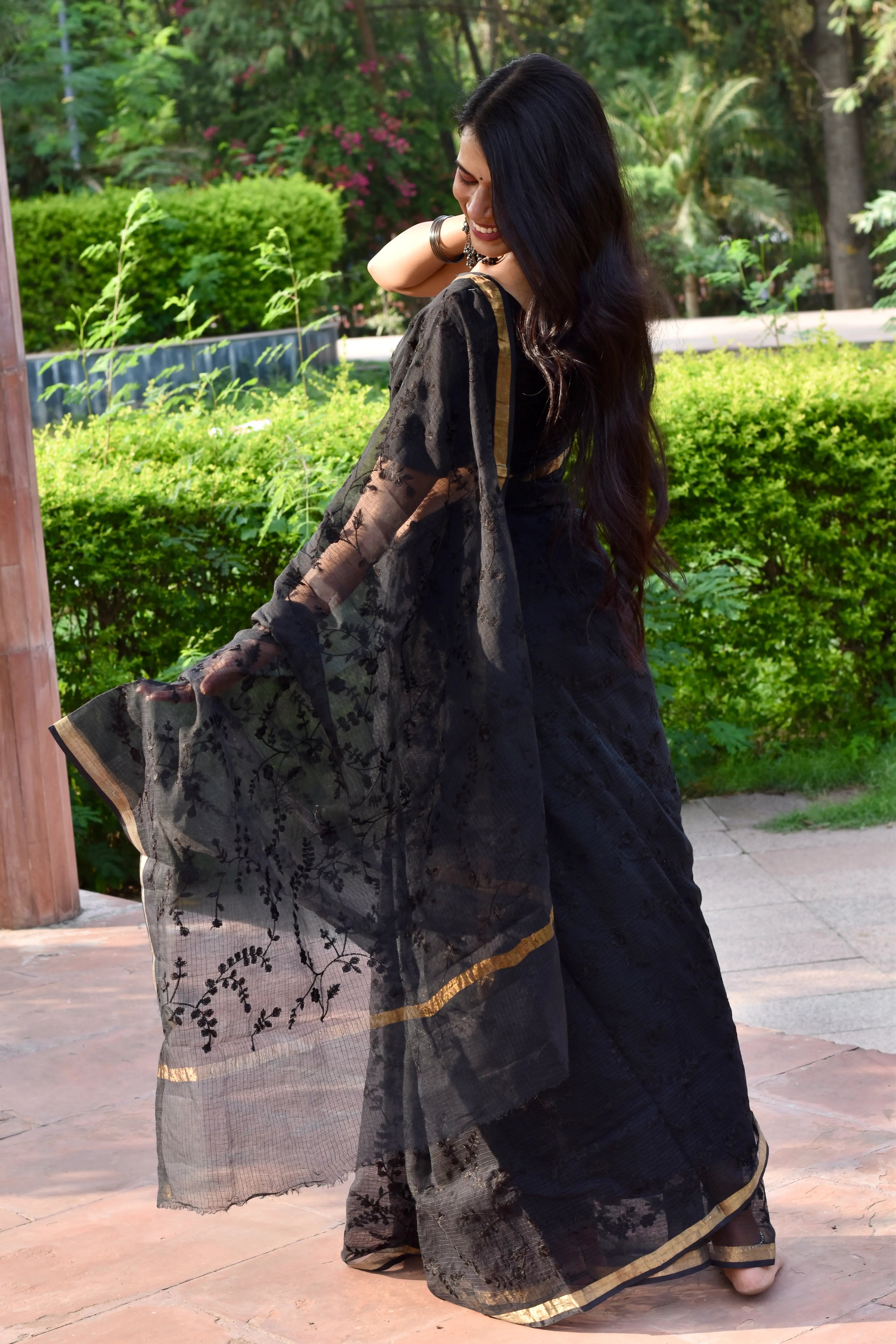 Raven Black Organic Cotton Saree with Opulent Embroidery