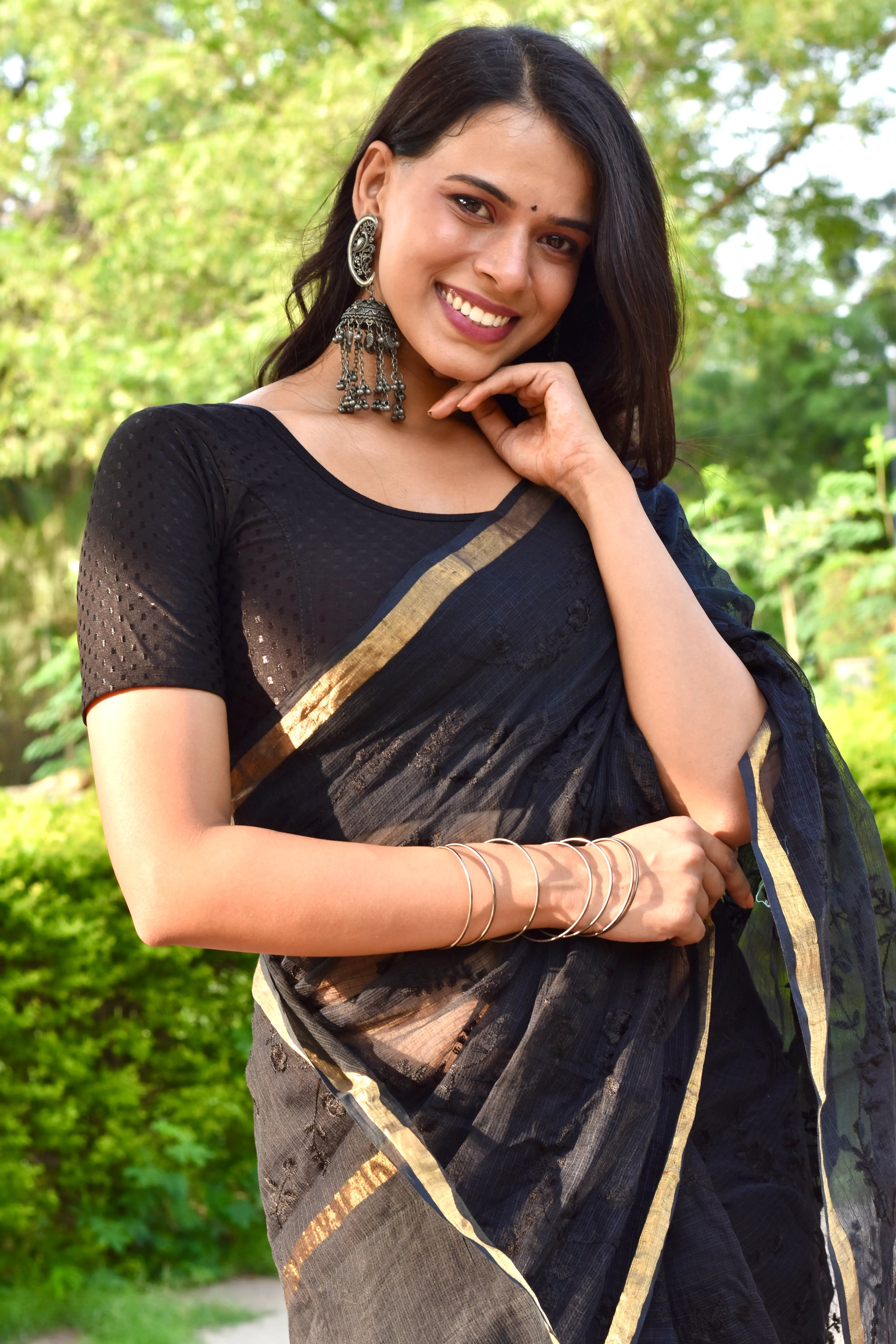 Raven Black Organic Cotton Saree with Opulent Embroidery