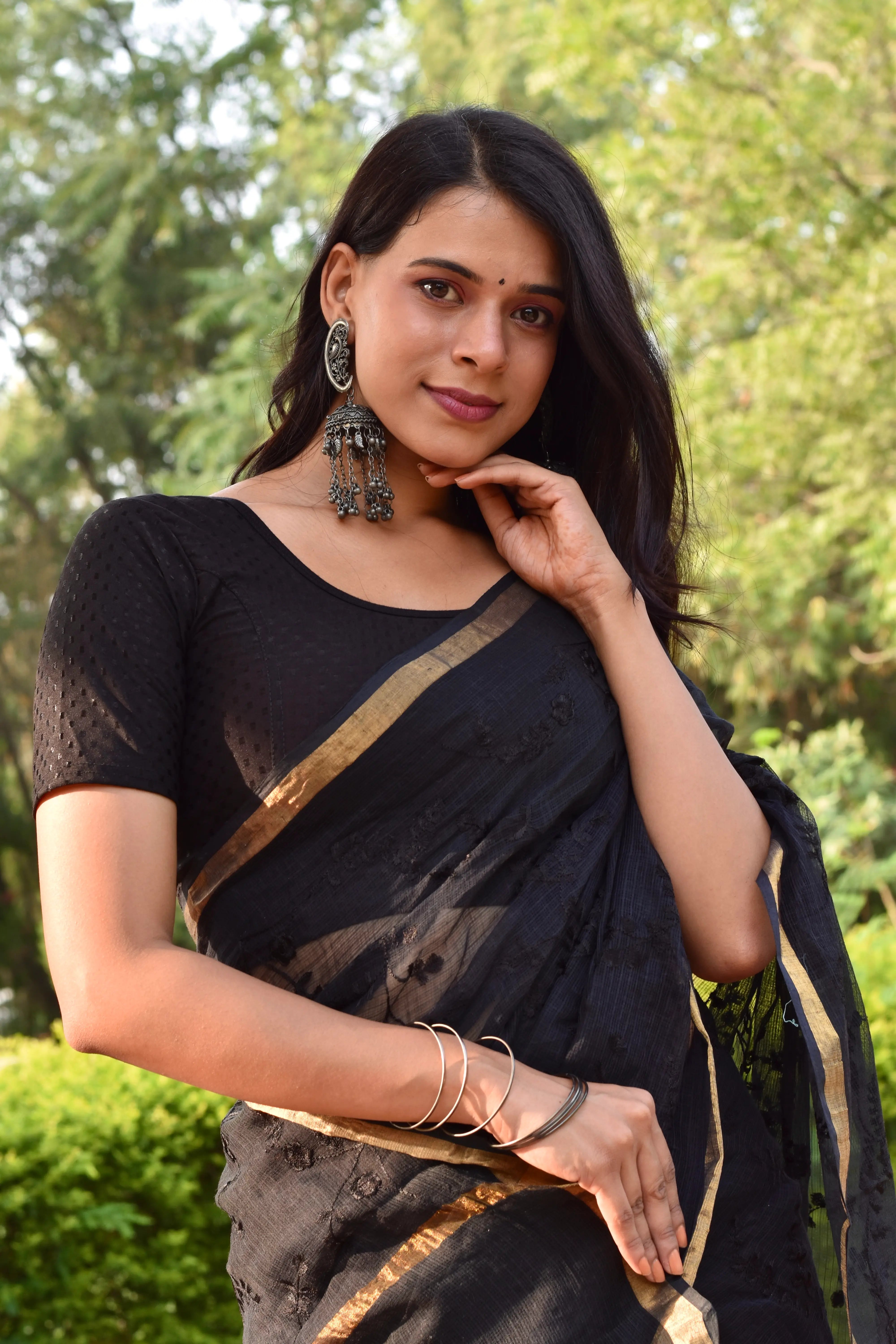 Raven Black Organic Cotton Saree with Opulent Embroidery