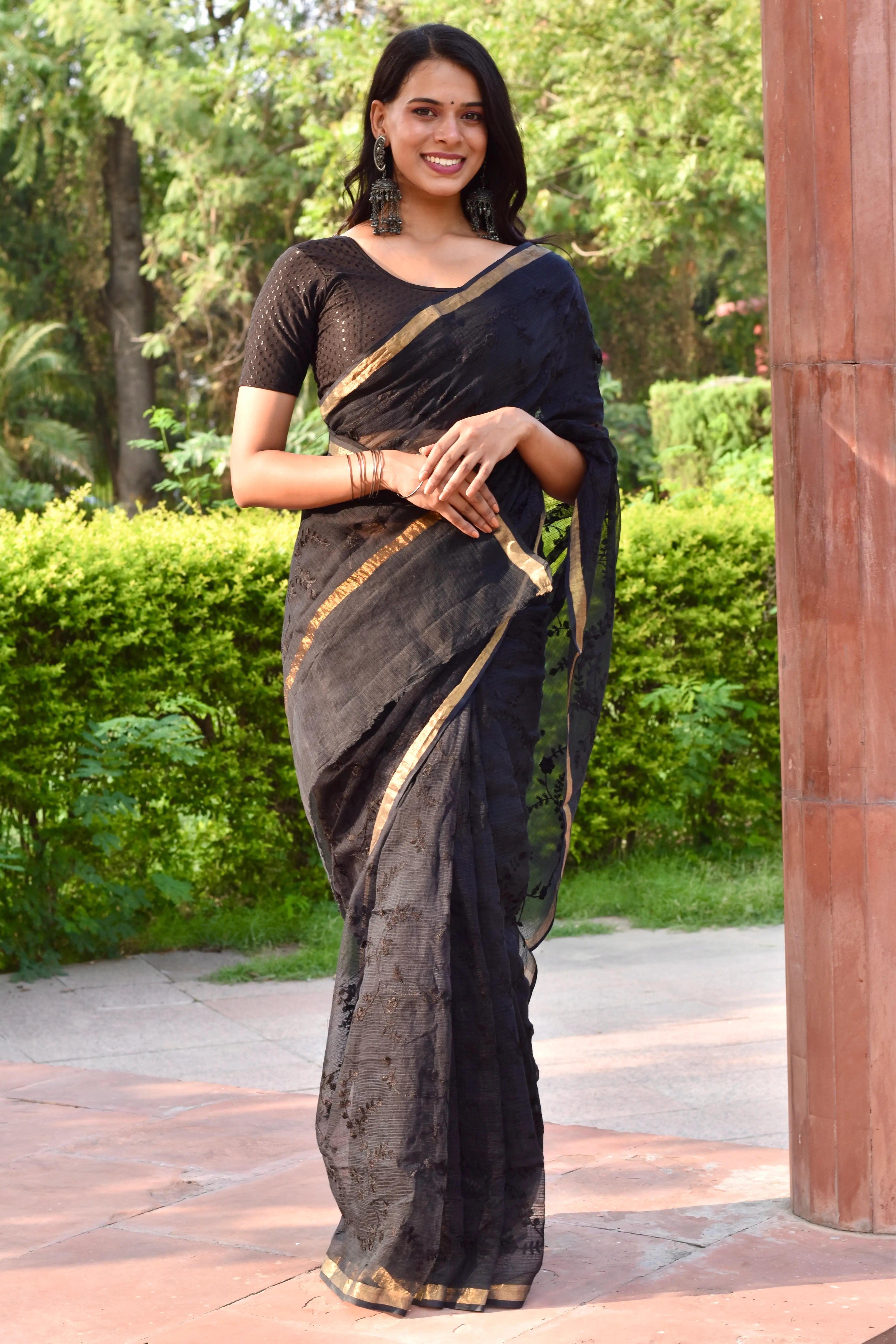 Raven Black Organic Cotton Saree with Opulent Embroidery