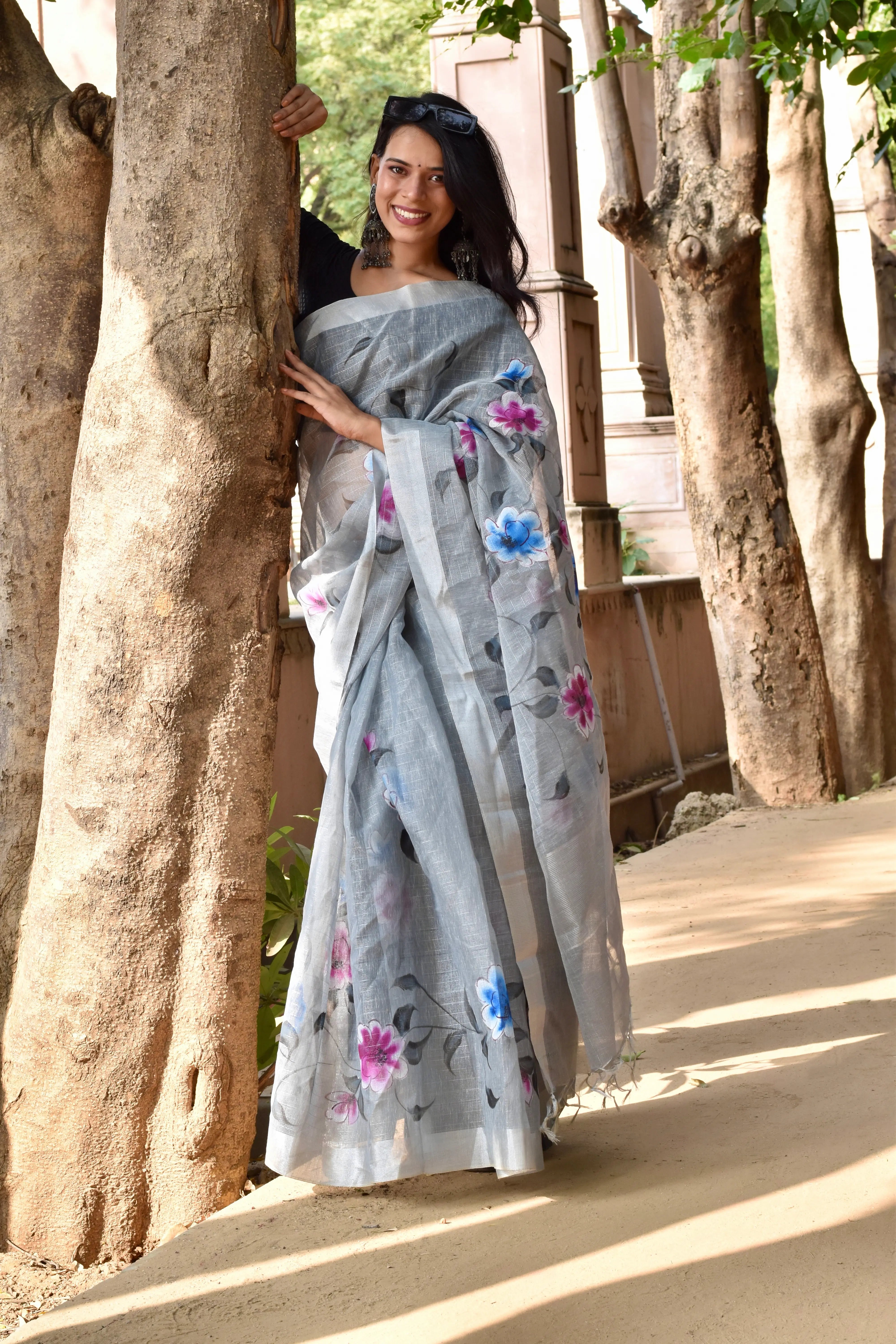 Grey Linen Tissue Saree with Hand Paint Work