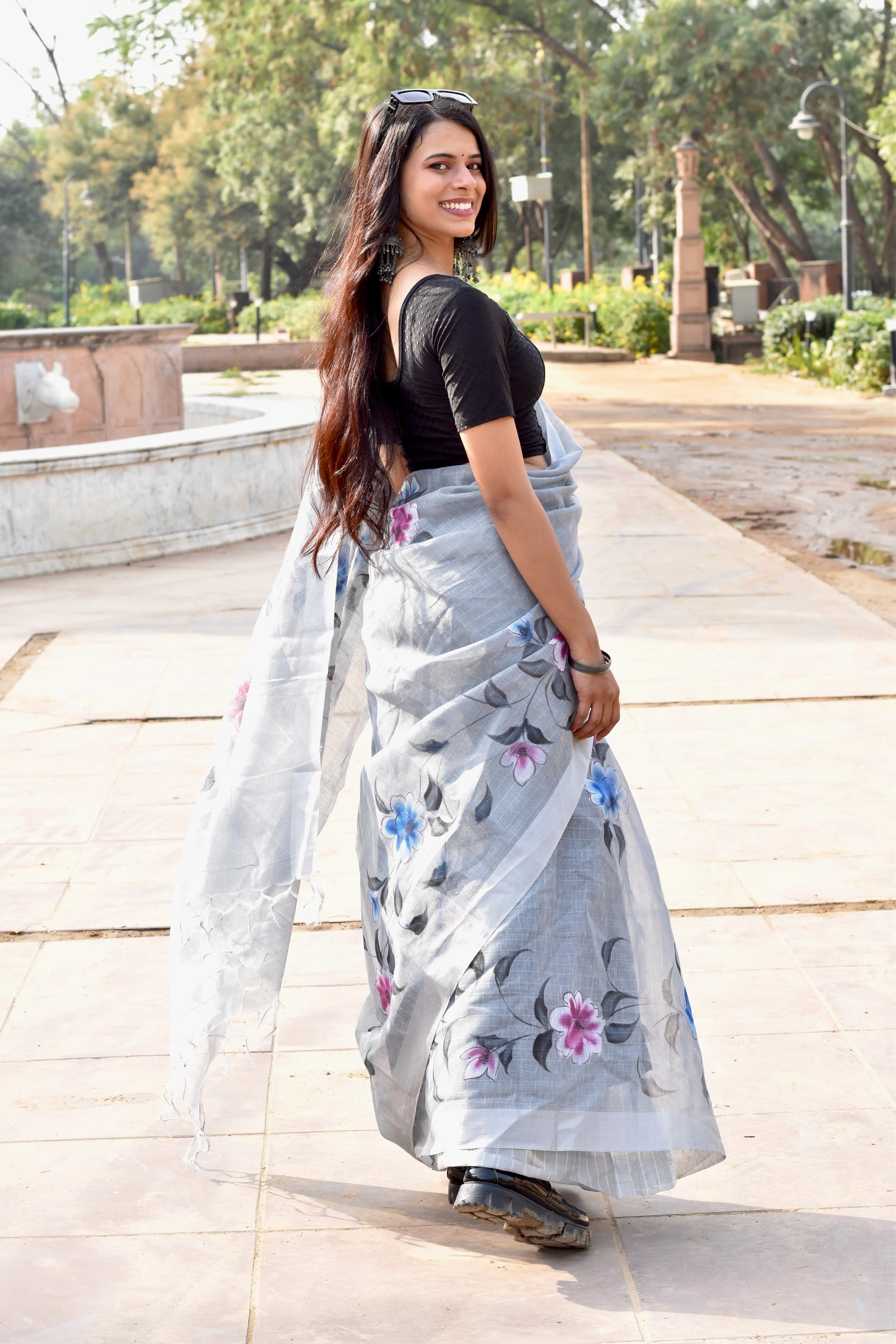 Grey Linen Tissue Saree with Hand Paint Work