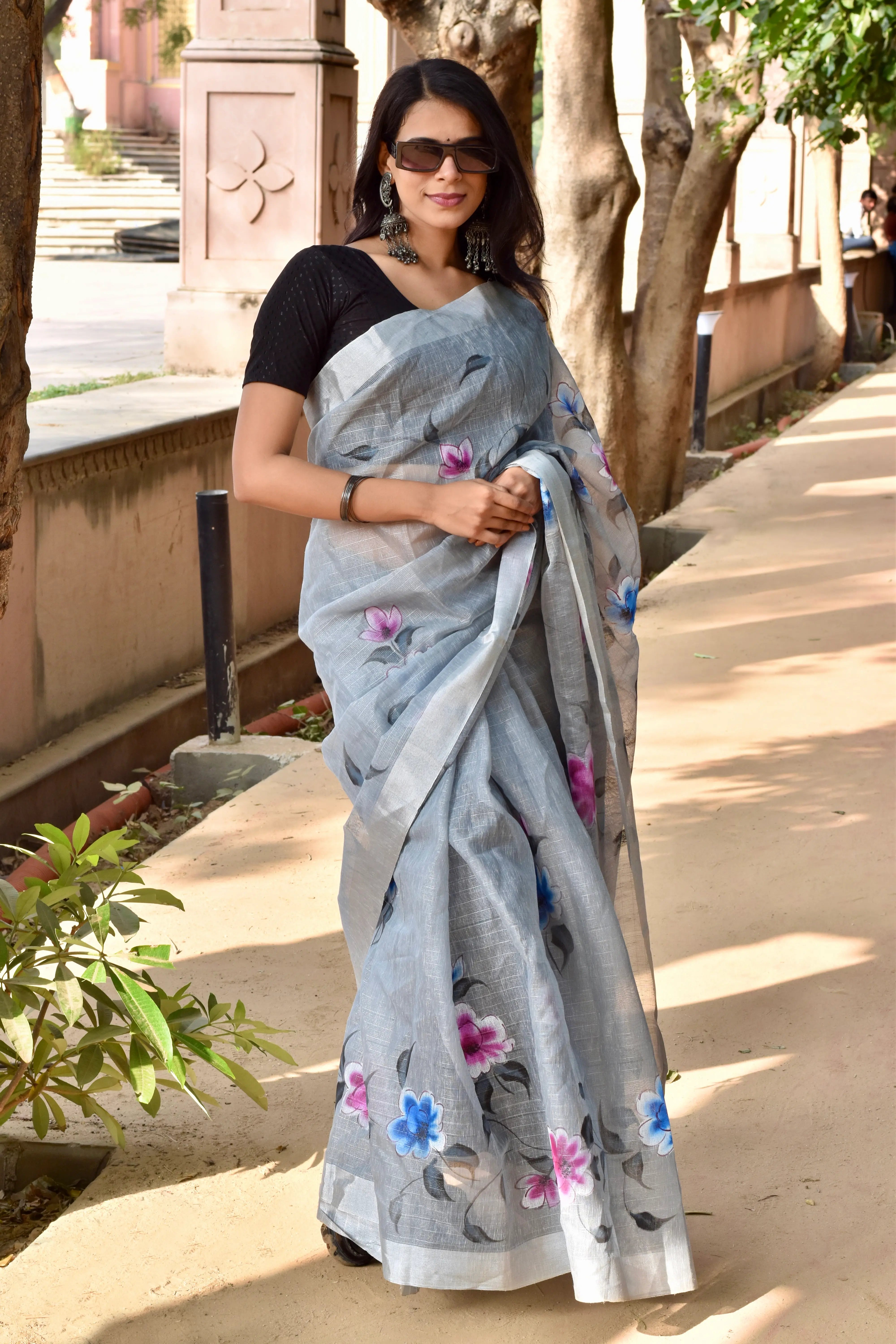 Grey Linen Tissue Saree with Hand Paint Work