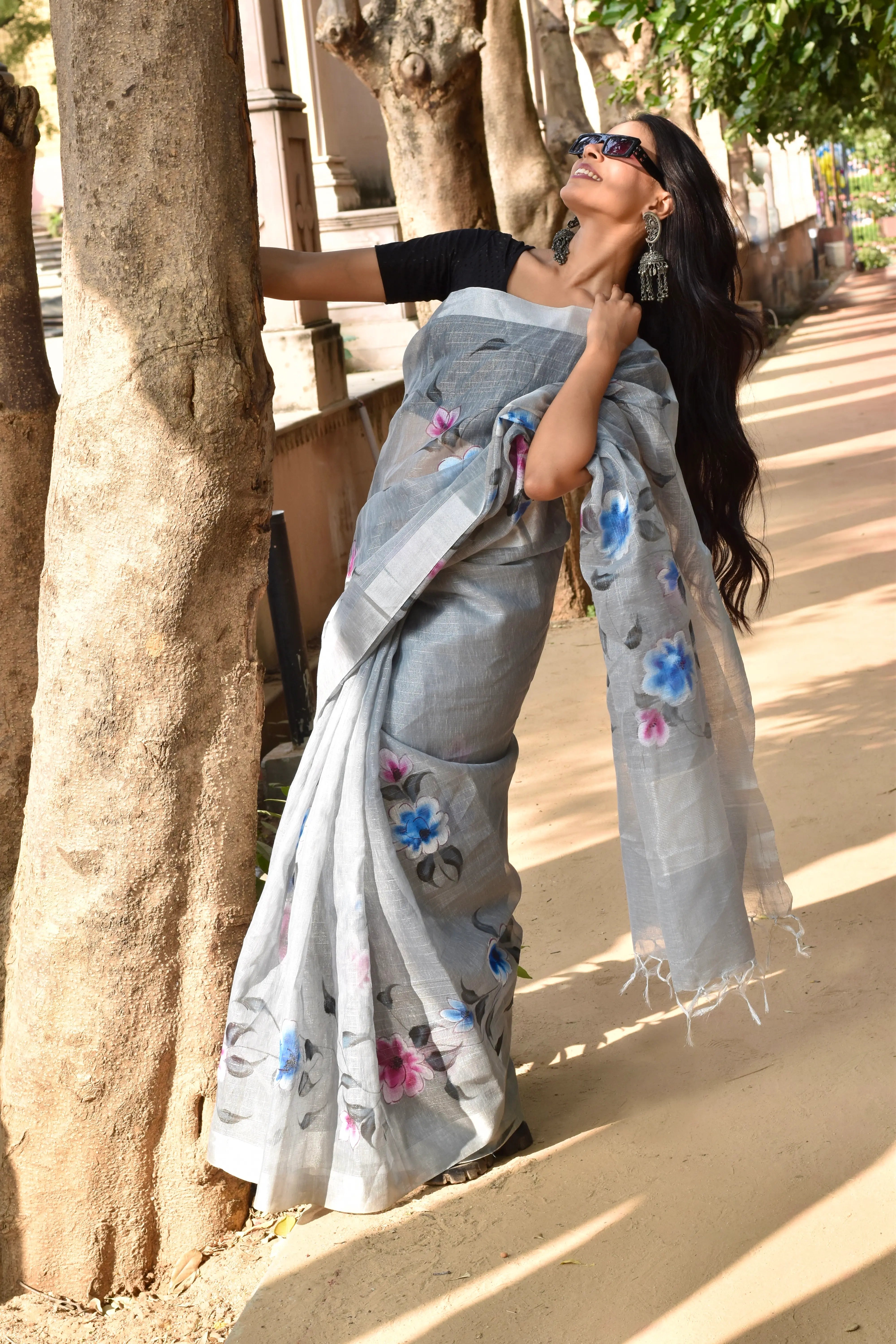 Grey Linen Tissue Saree with Hand Paint Work