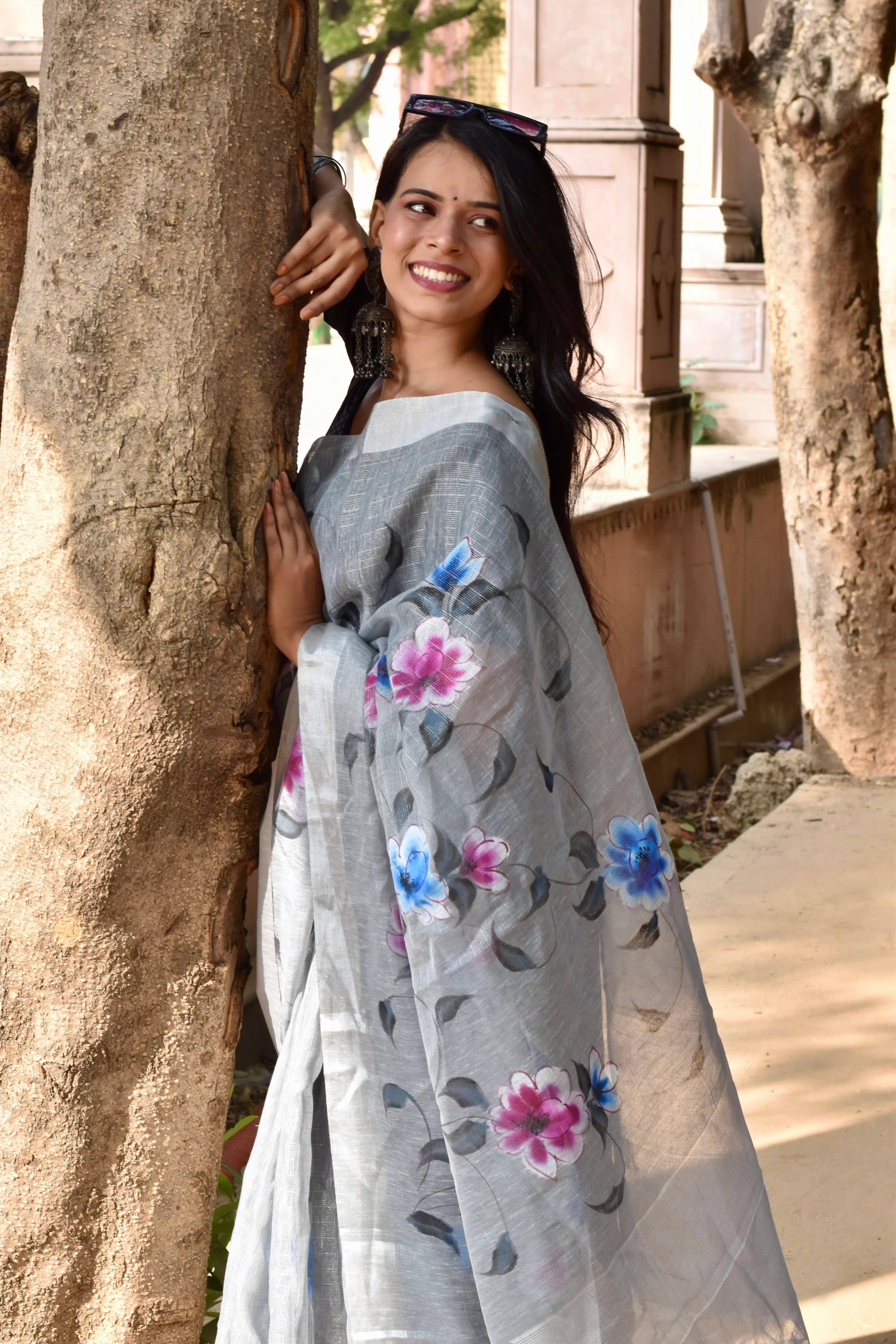 Grey Linen Tissue Saree with Hand Paint Work