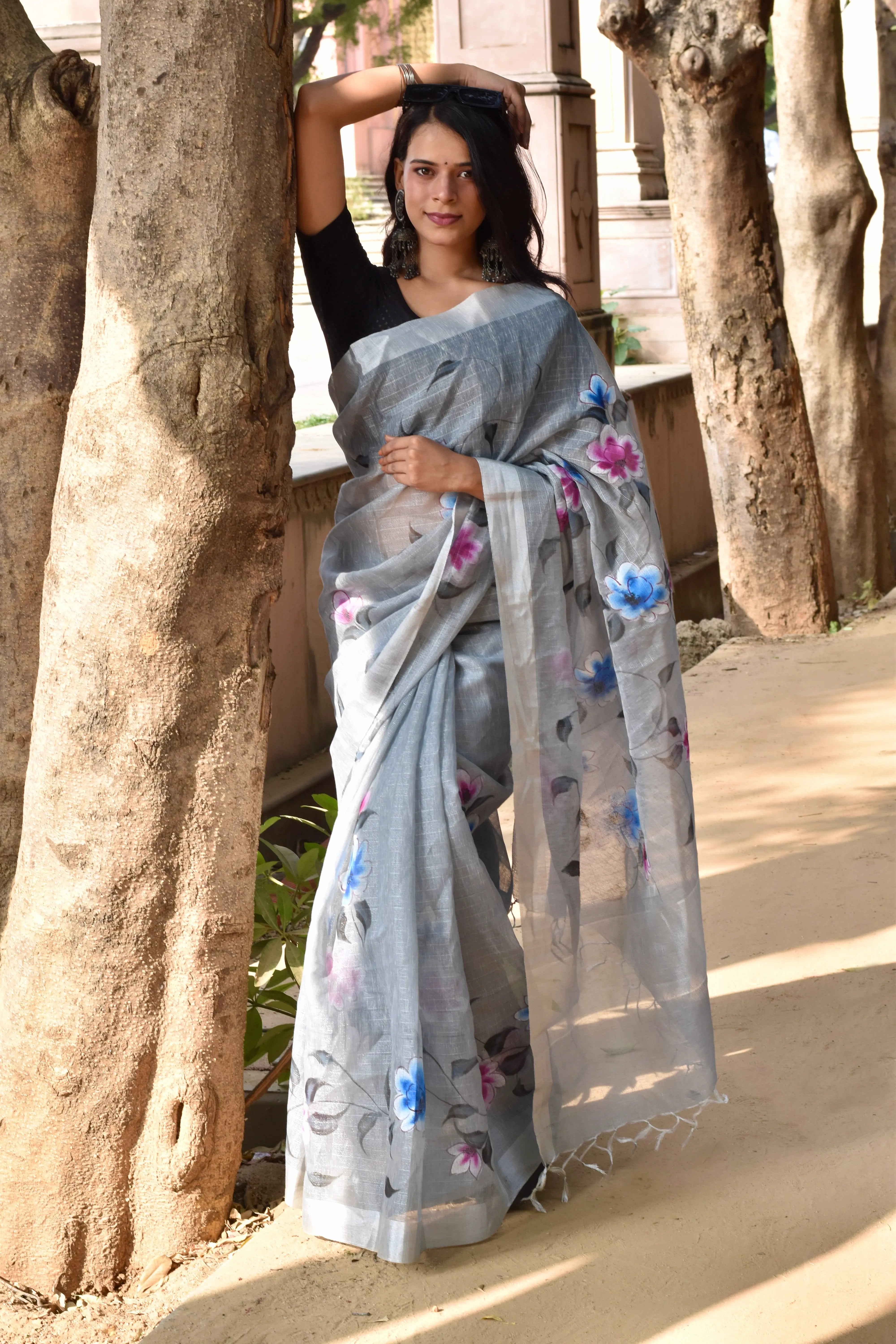 Grey Linen Tissue Saree with Hand Paint Work