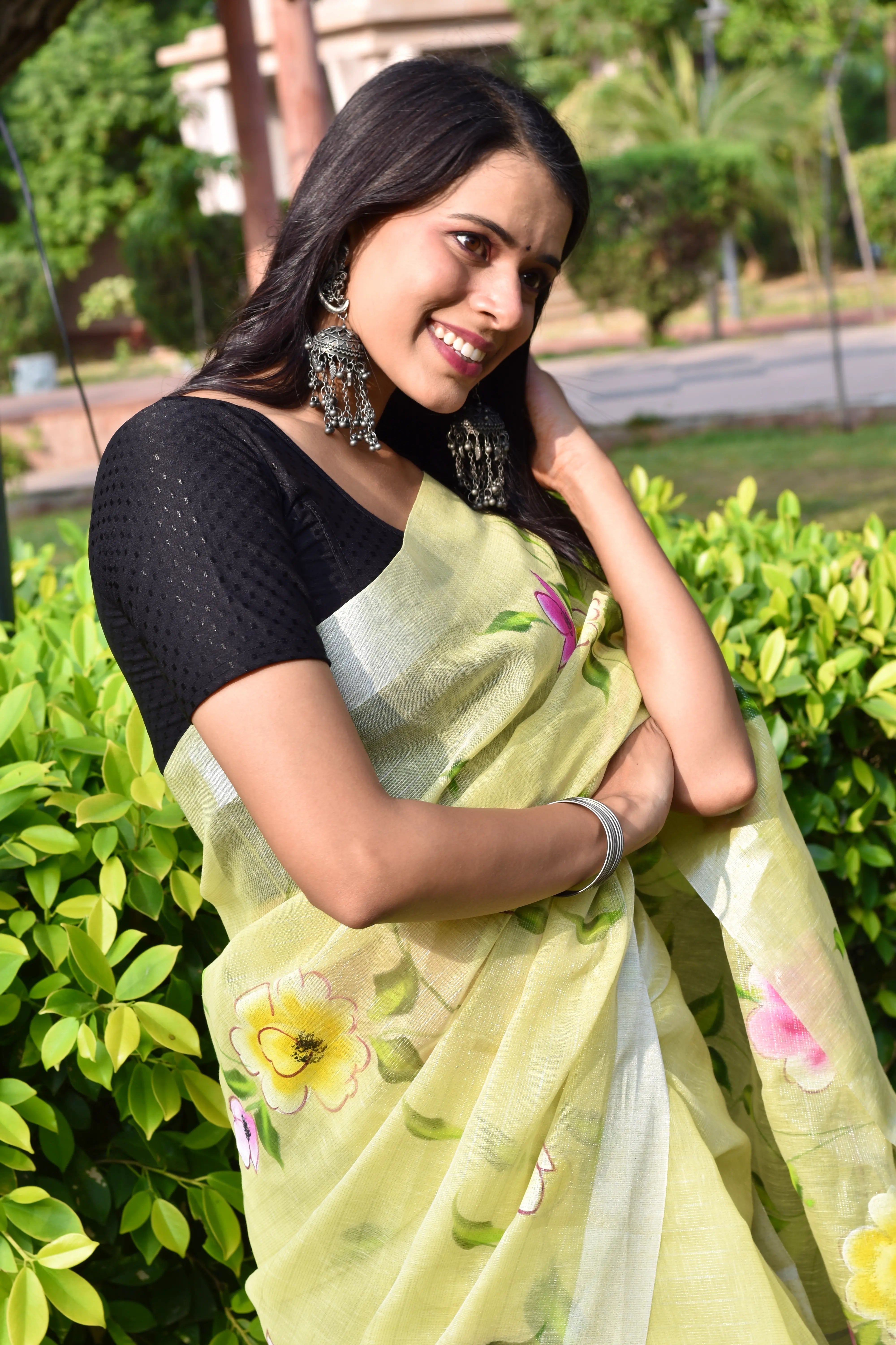 Lemon Yellow Linen Tissue Saree with Hand Paint Work