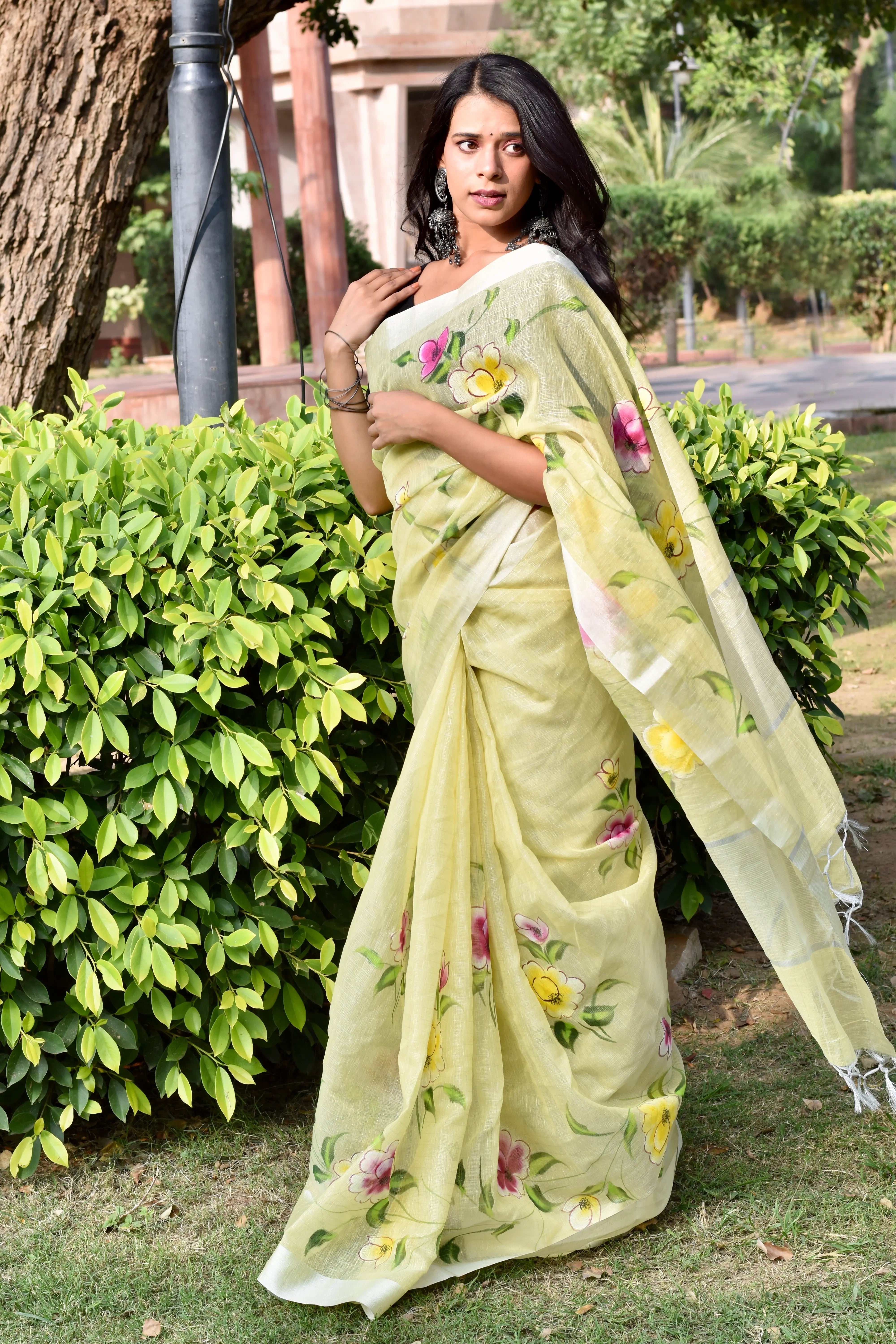 Lemon Yellow Linen Tissue Saree with Hand Paint Work