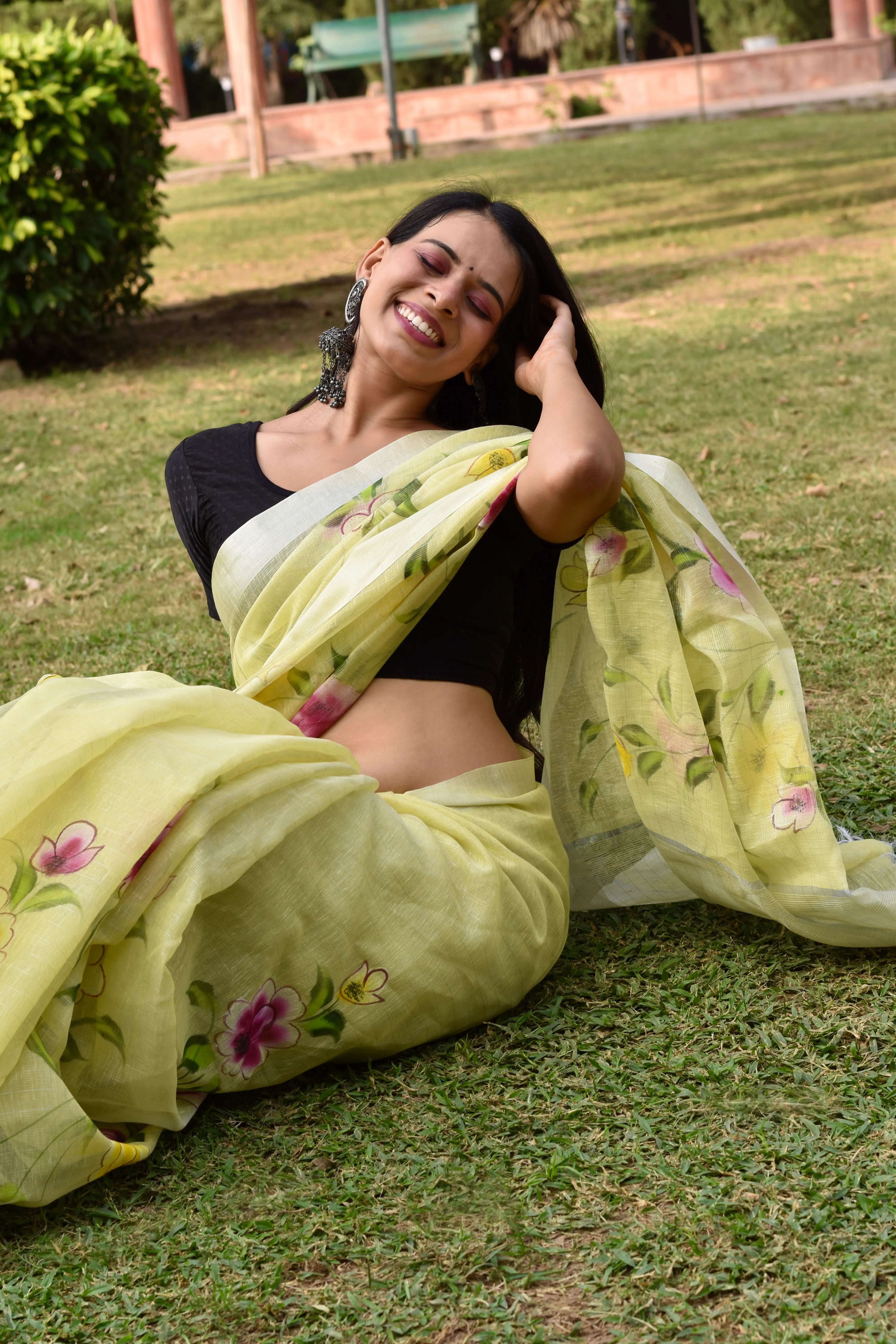 Lemon Yellow Linen Tissue Saree with Hand Paint Work