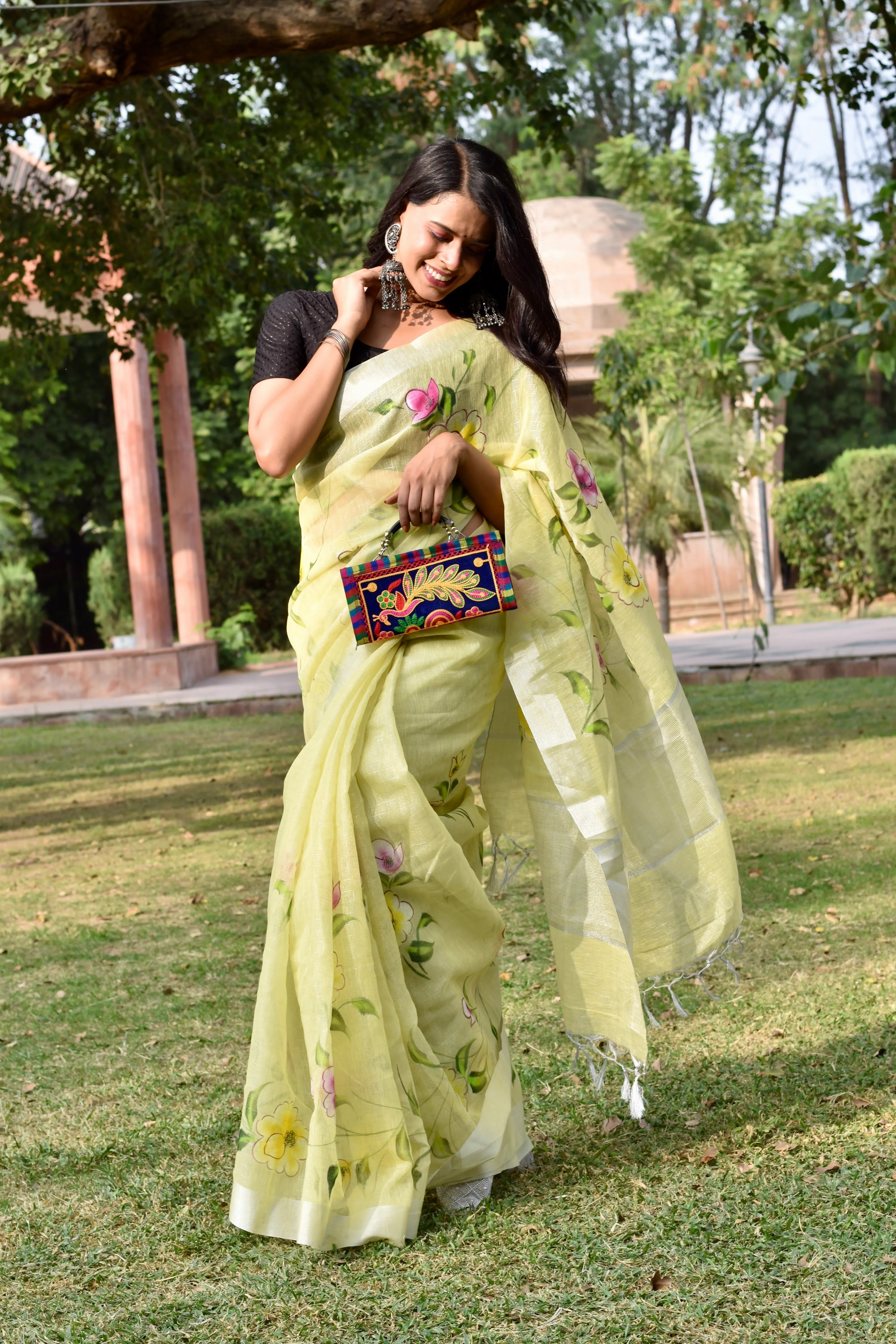 Lemon Yellow Linen Tissue Saree with Hand Paint Work