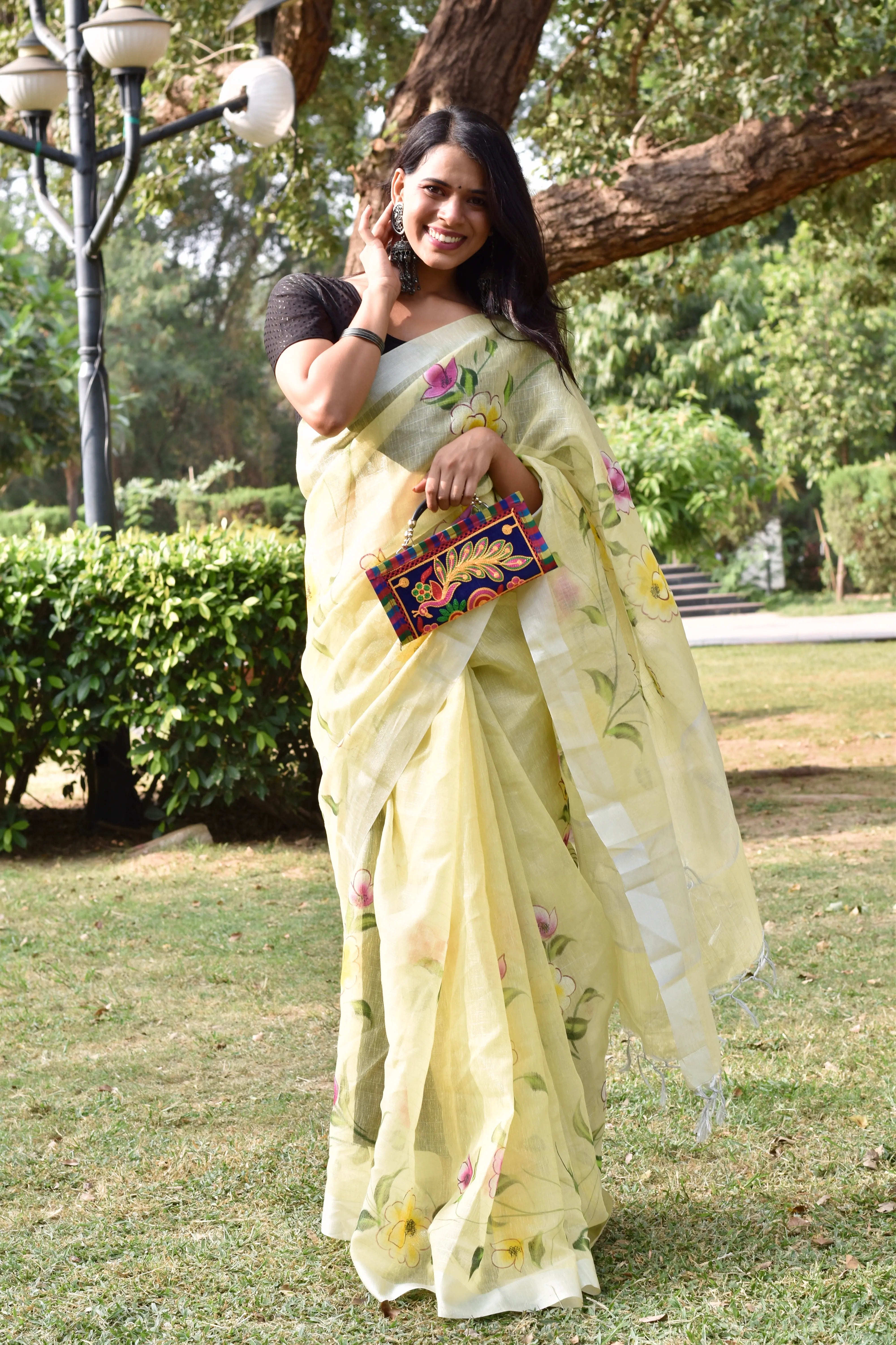 Lemon Yellow Linen Tissue Saree with Hand Paint Work