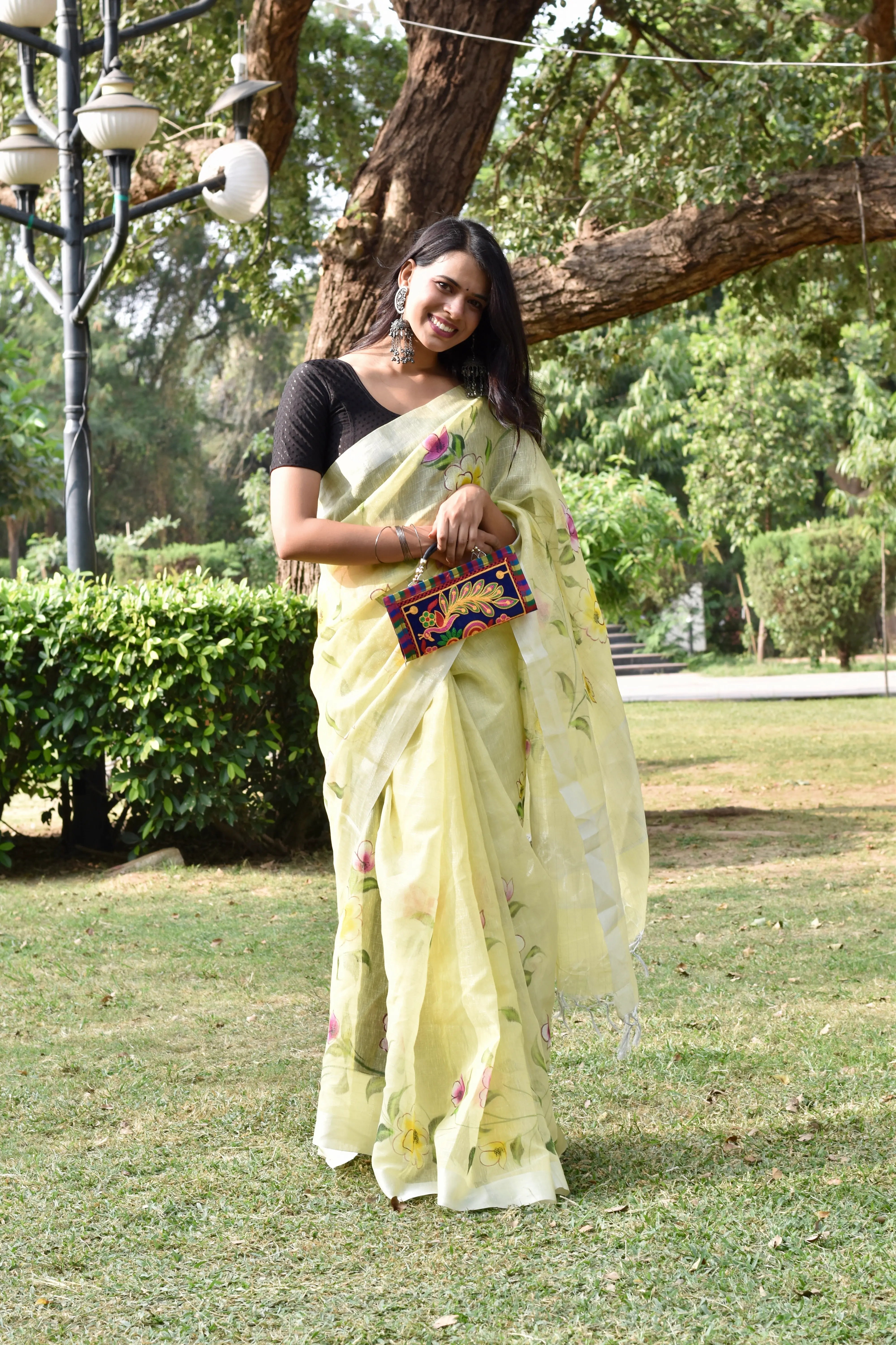 Lemon Yellow Linen Tissue Saree with Hand Paint Work