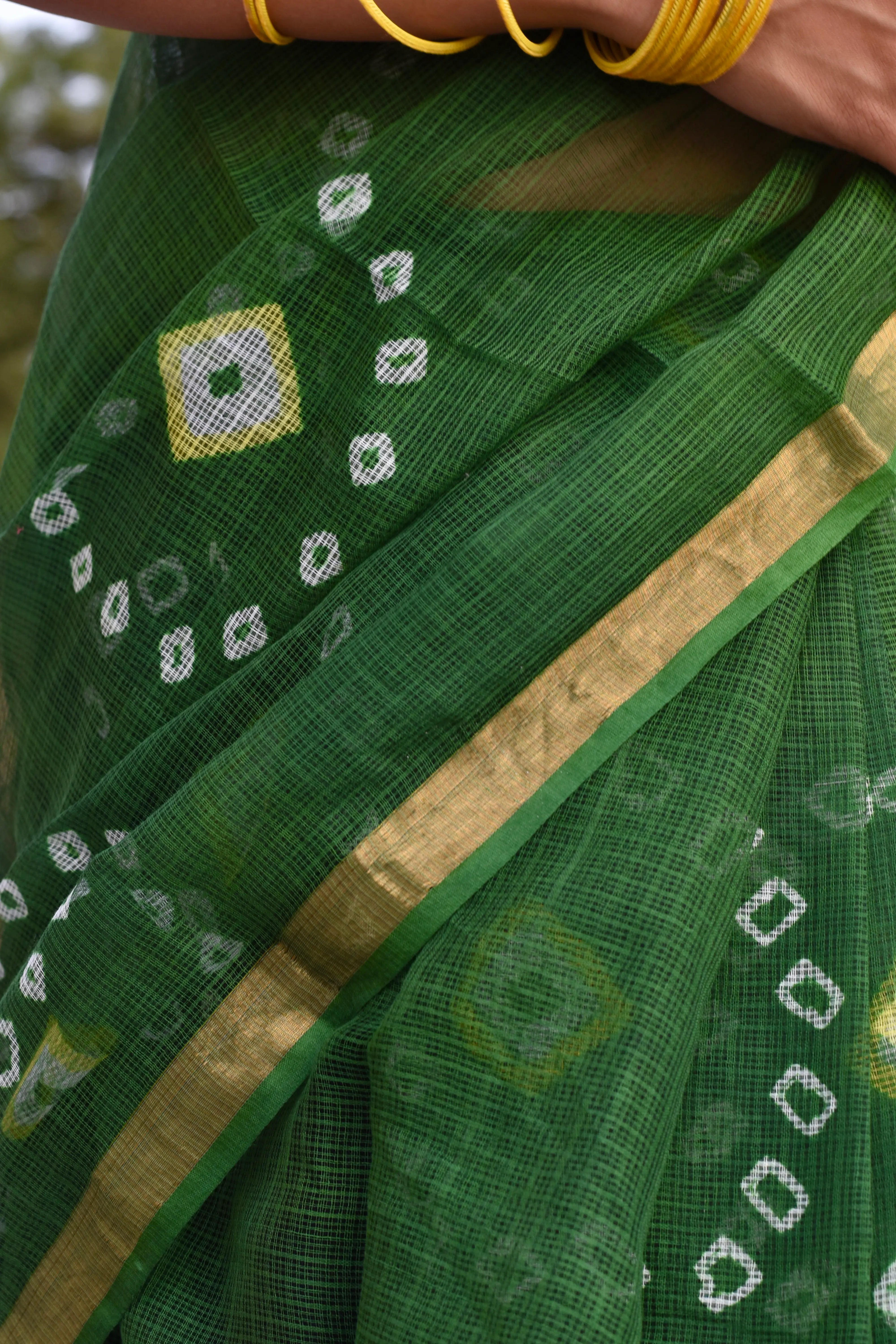 Green Organic Cotton Saree with Bandhani Pattern