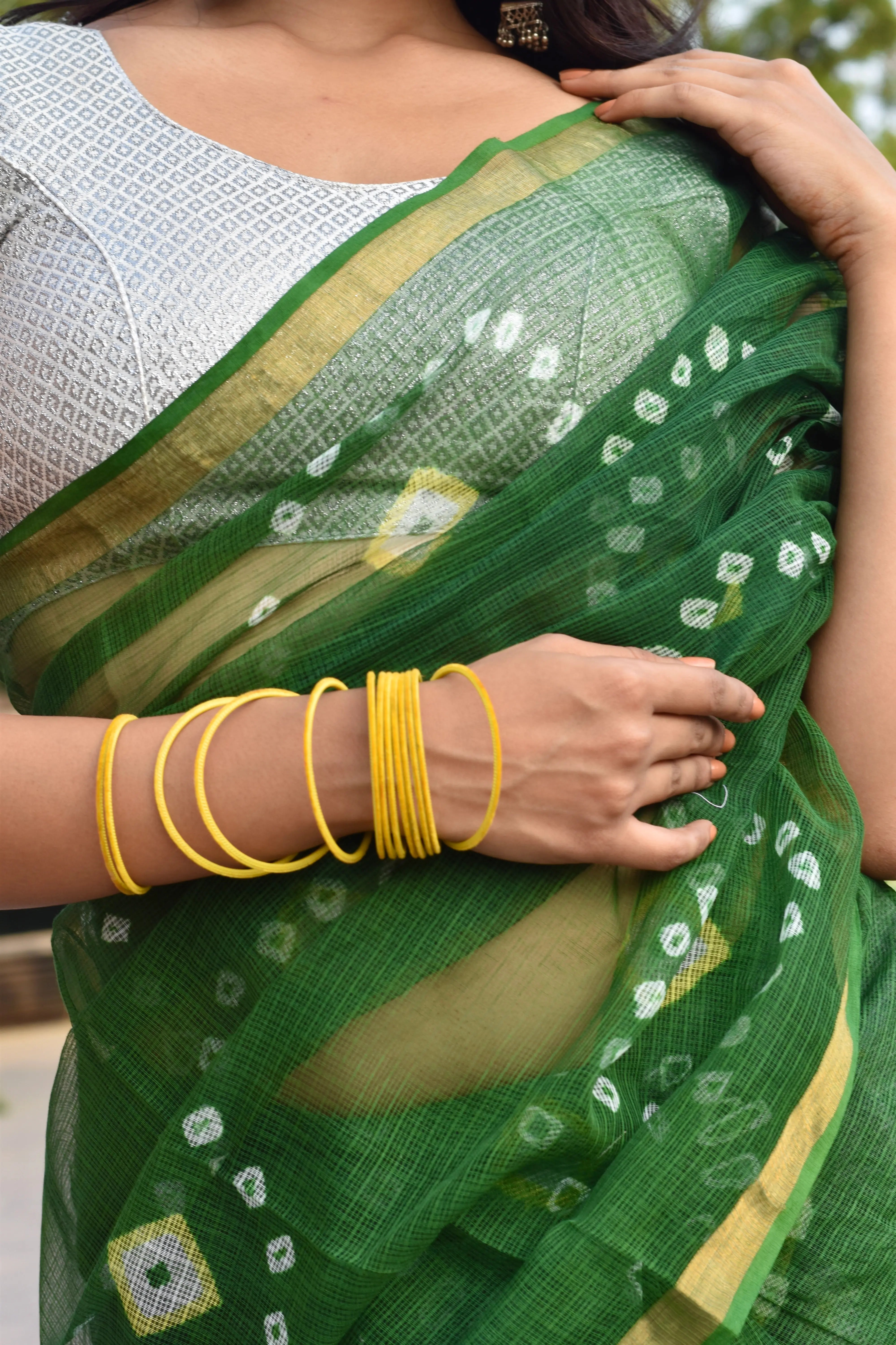 Green Organic Cotton Saree with Bandhani Pattern