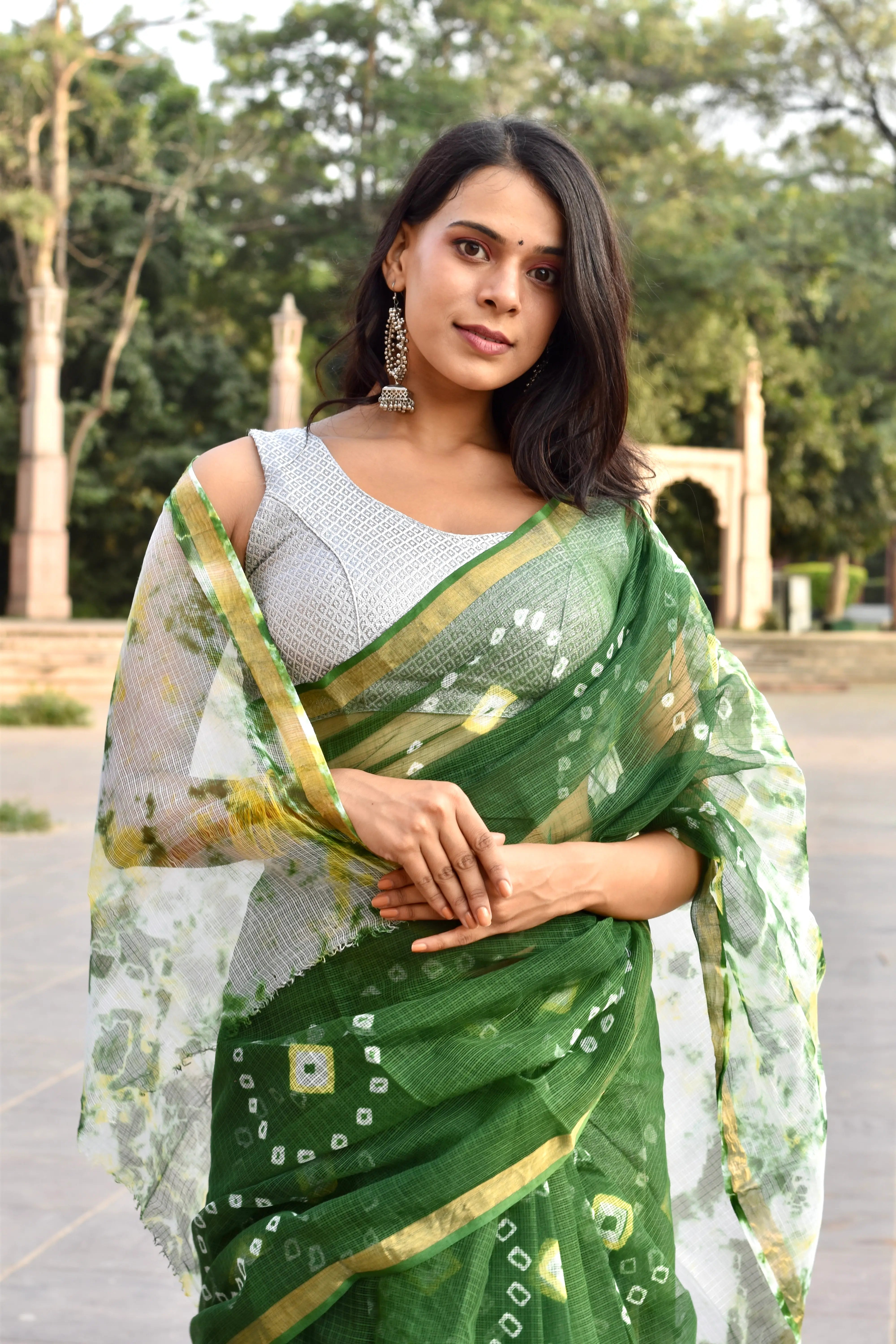 Green Organic Cotton Saree with Bandhani Pattern