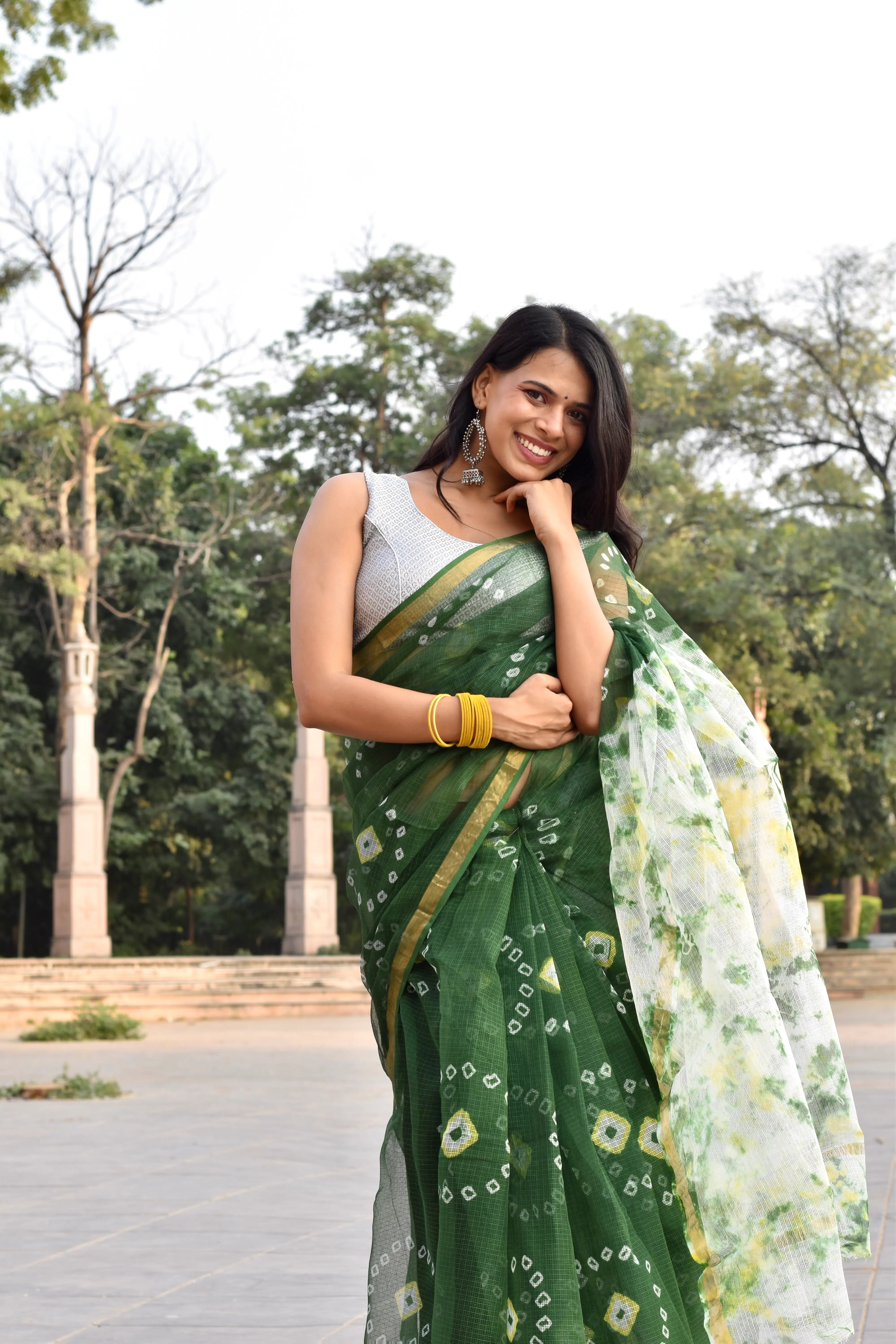 Green Organic Cotton Saree with Bandhani Pattern