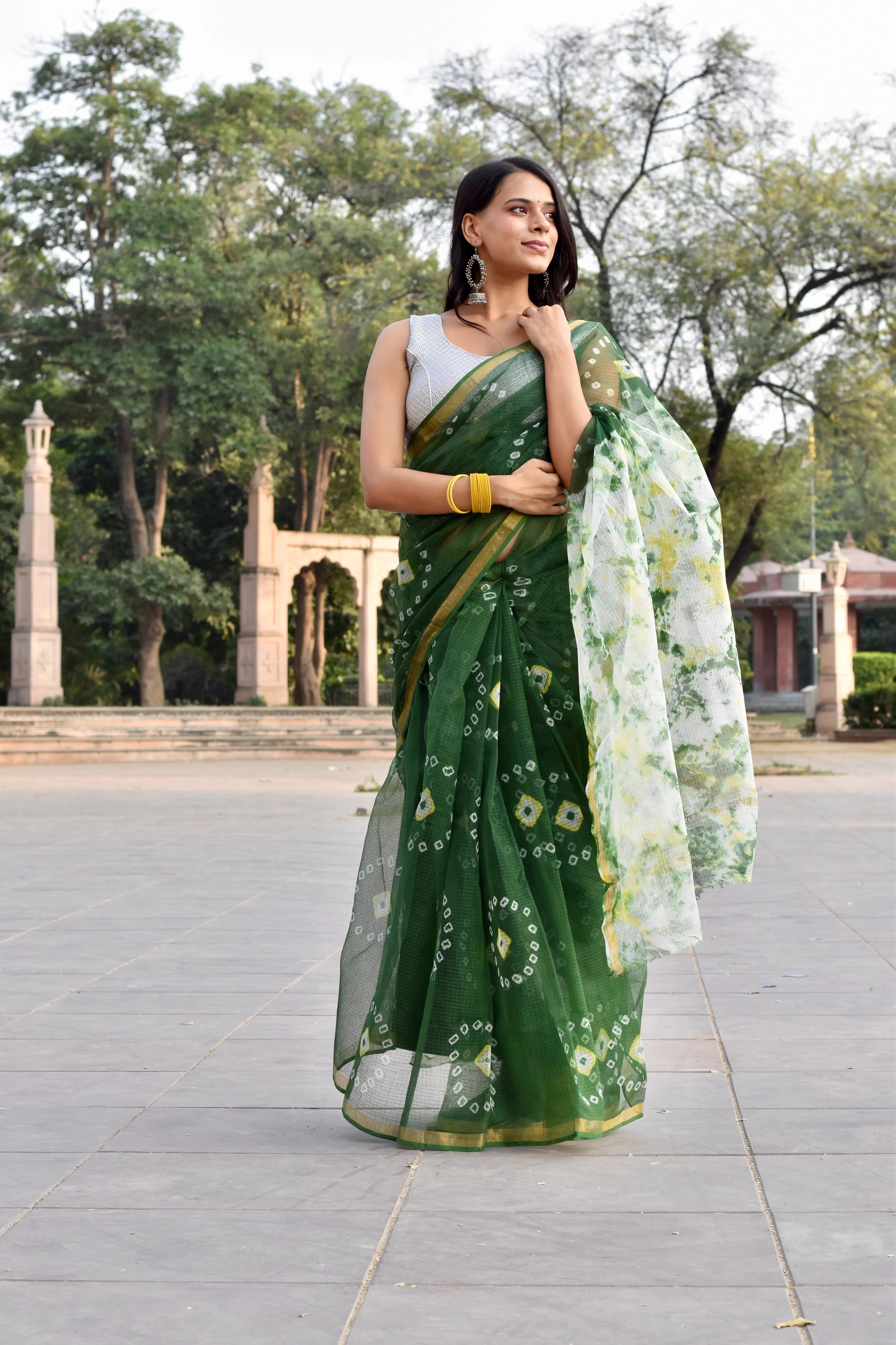 Green Organic Cotton Saree with Bandhani Pattern