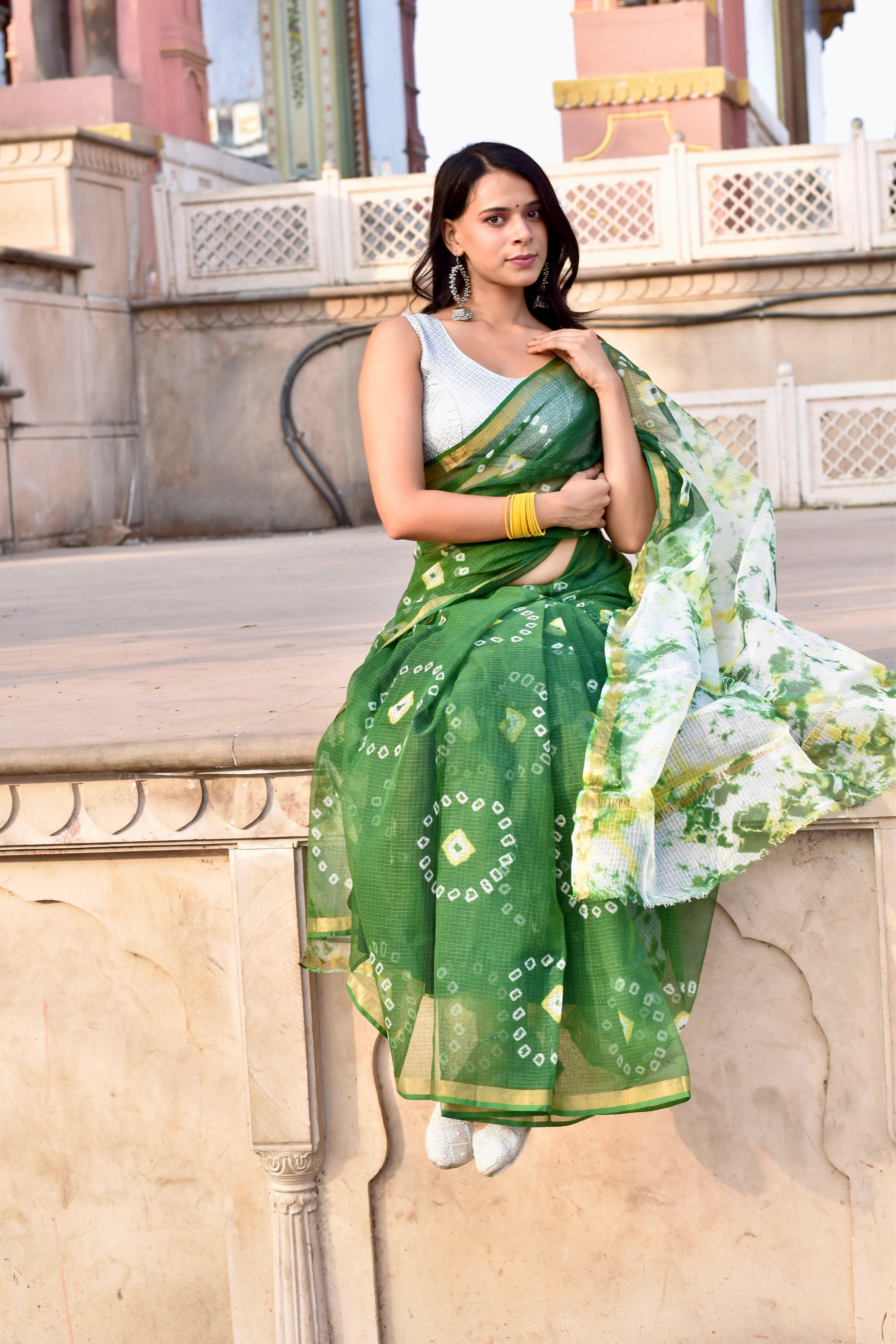 Green Organic Cotton Saree with Bandhani Pattern