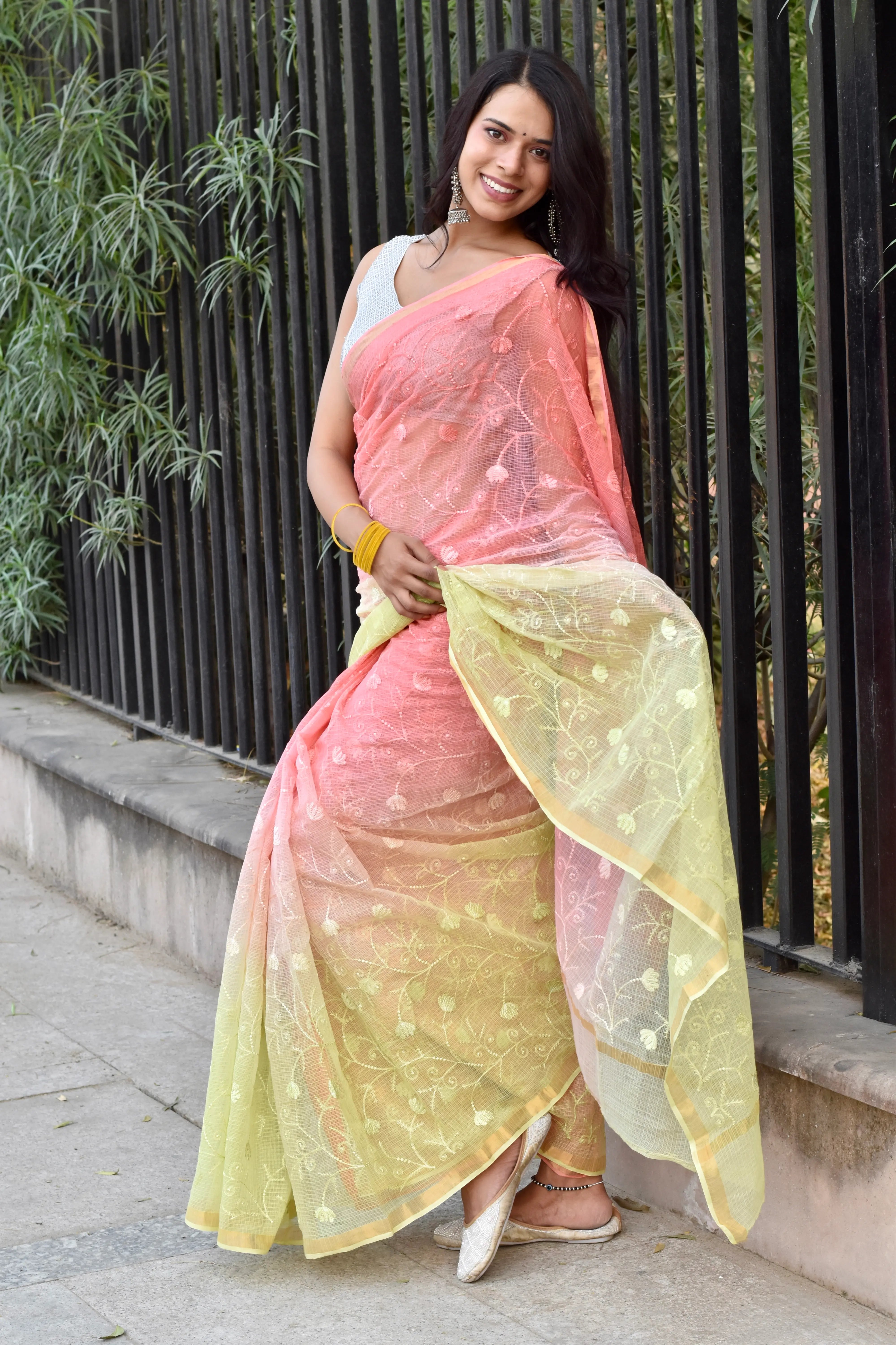 Yellow Peach Ombre Organic Cotton Saree with All-Over Embroidery