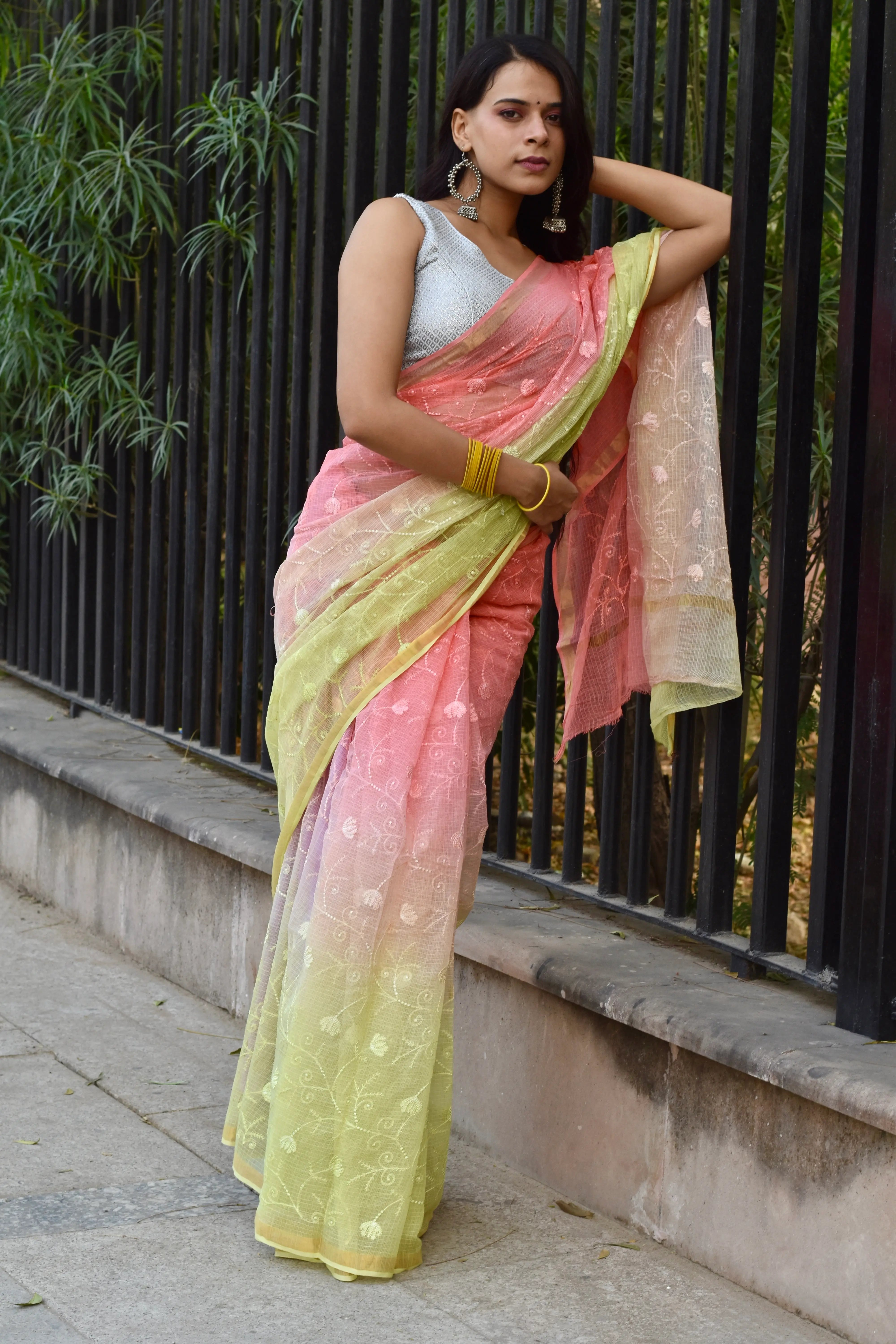 Yellow Peach Ombre Organic Cotton Saree with All-Over Embroidery