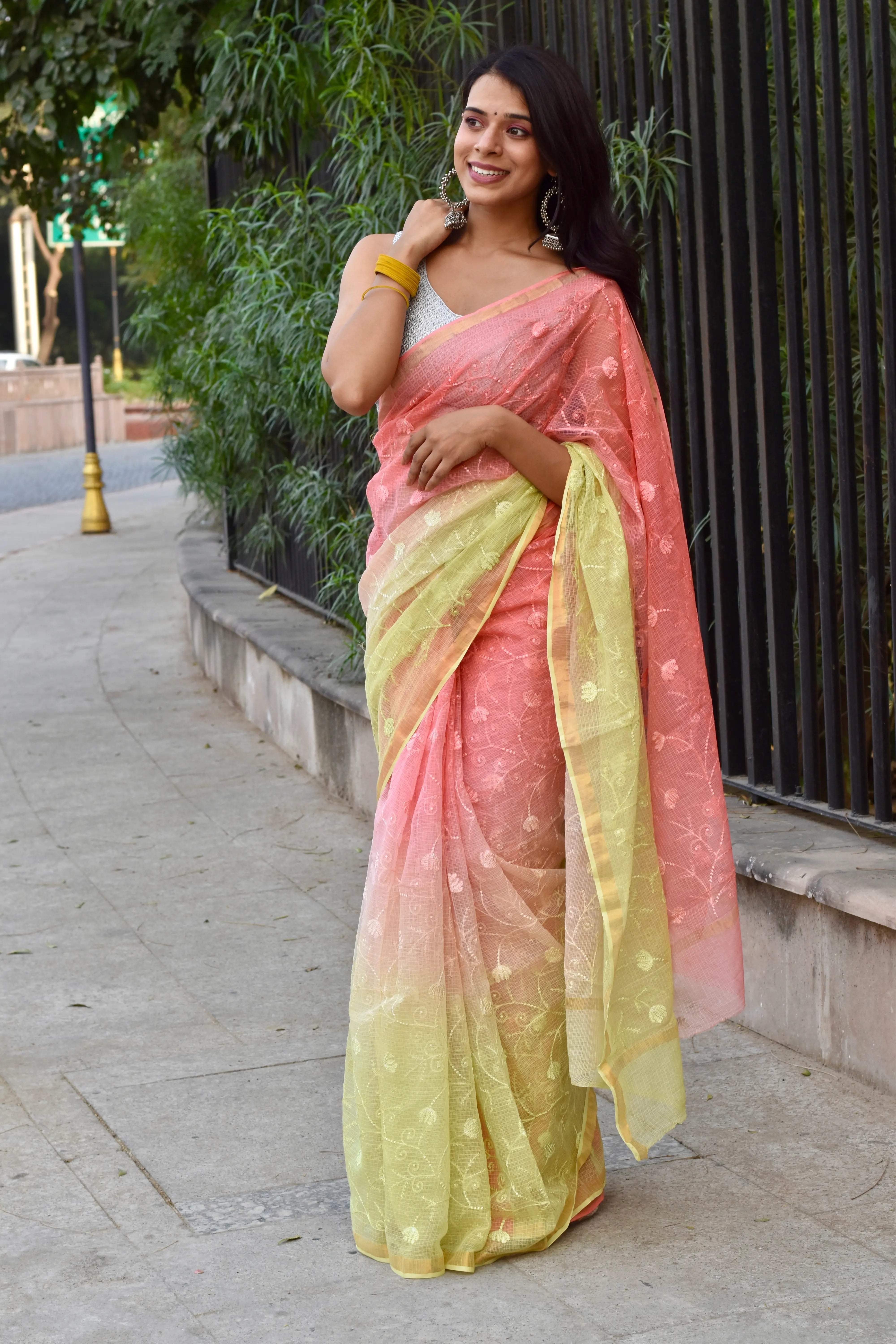 Yellow Peach Ombre Organic Cotton Saree with All-Over Embroidery