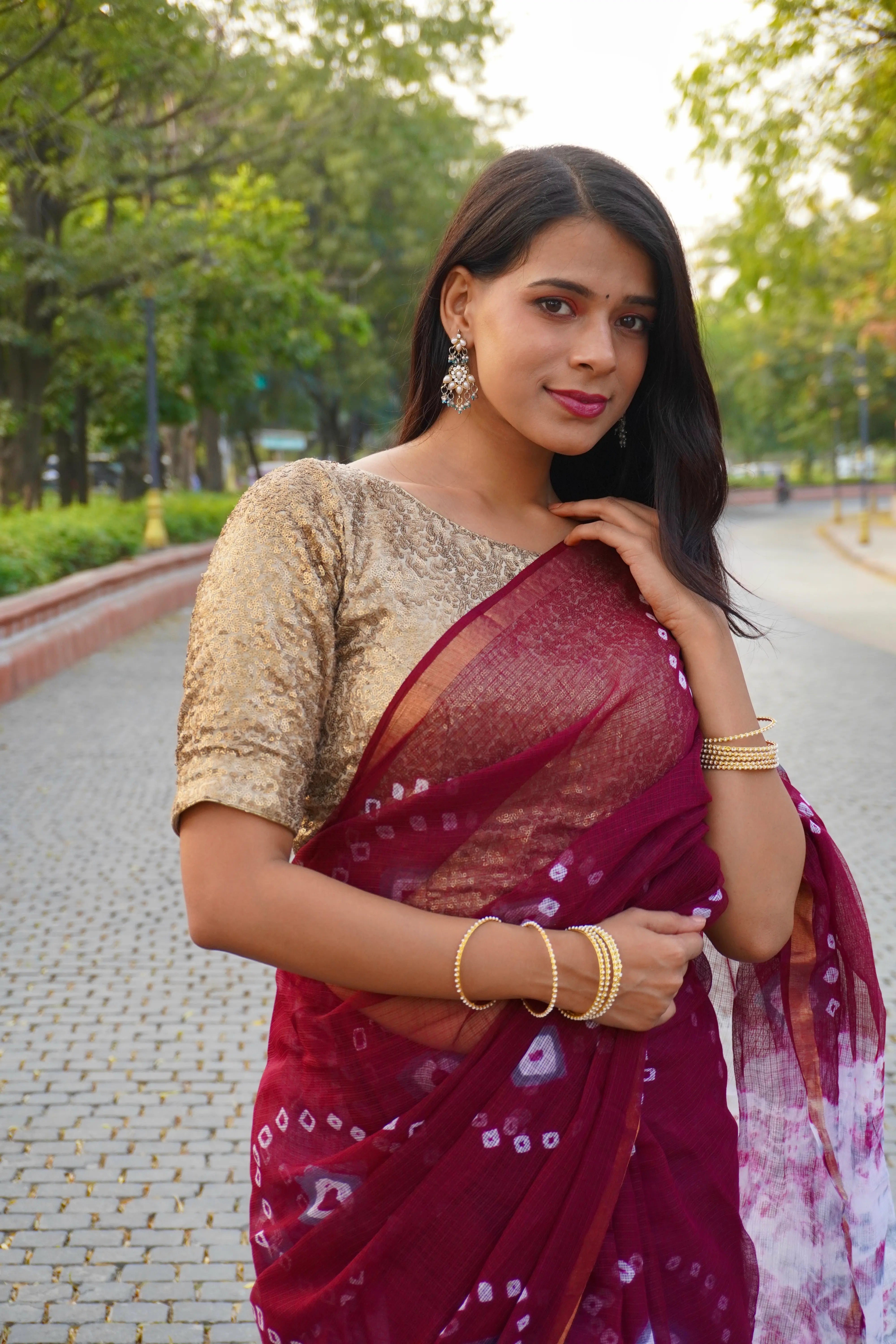 Maroon Organic Cotton Saree with Bandhani Pattern