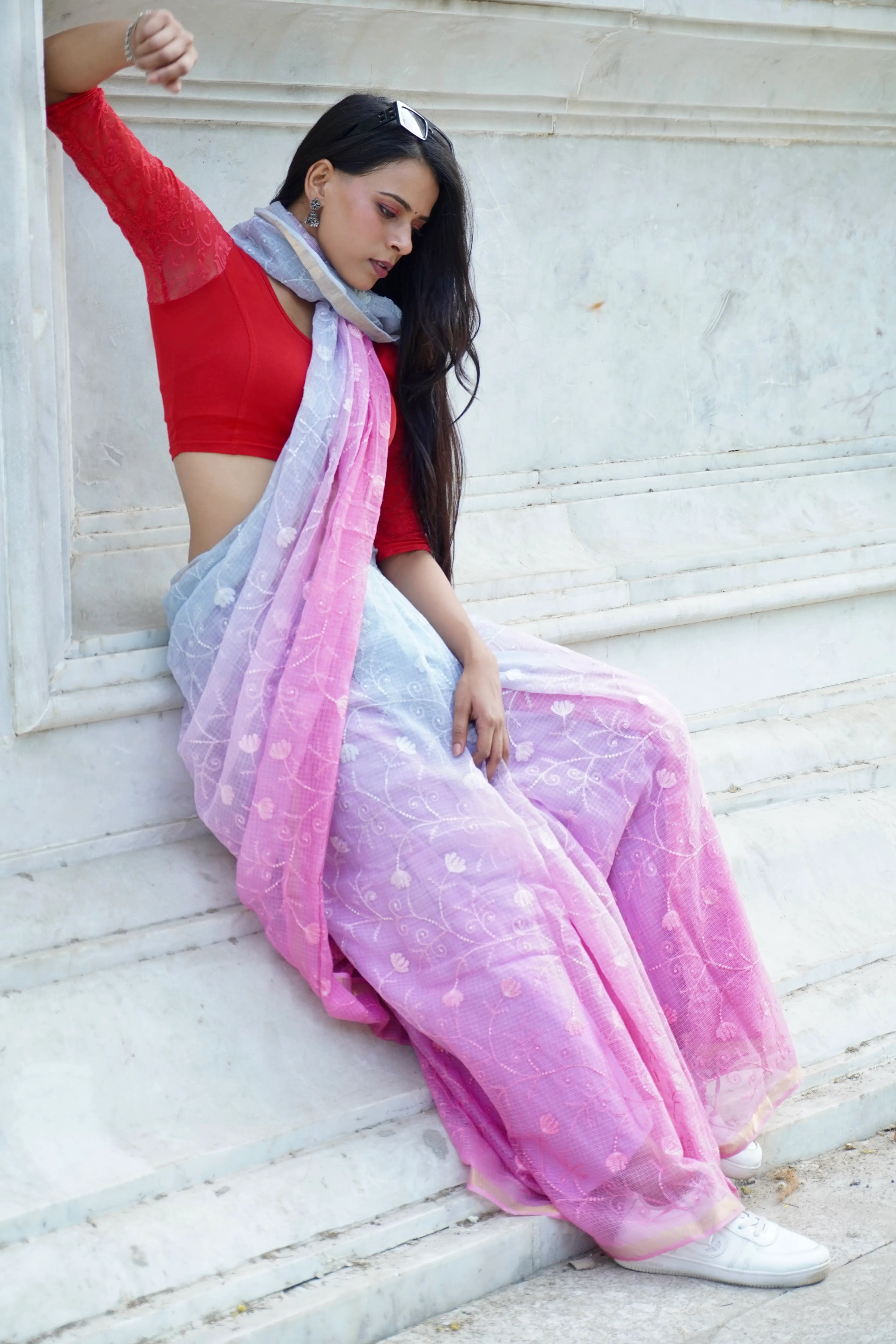 Purple Pink Ombre Organic Cotton Saree with All-Over Embroidery