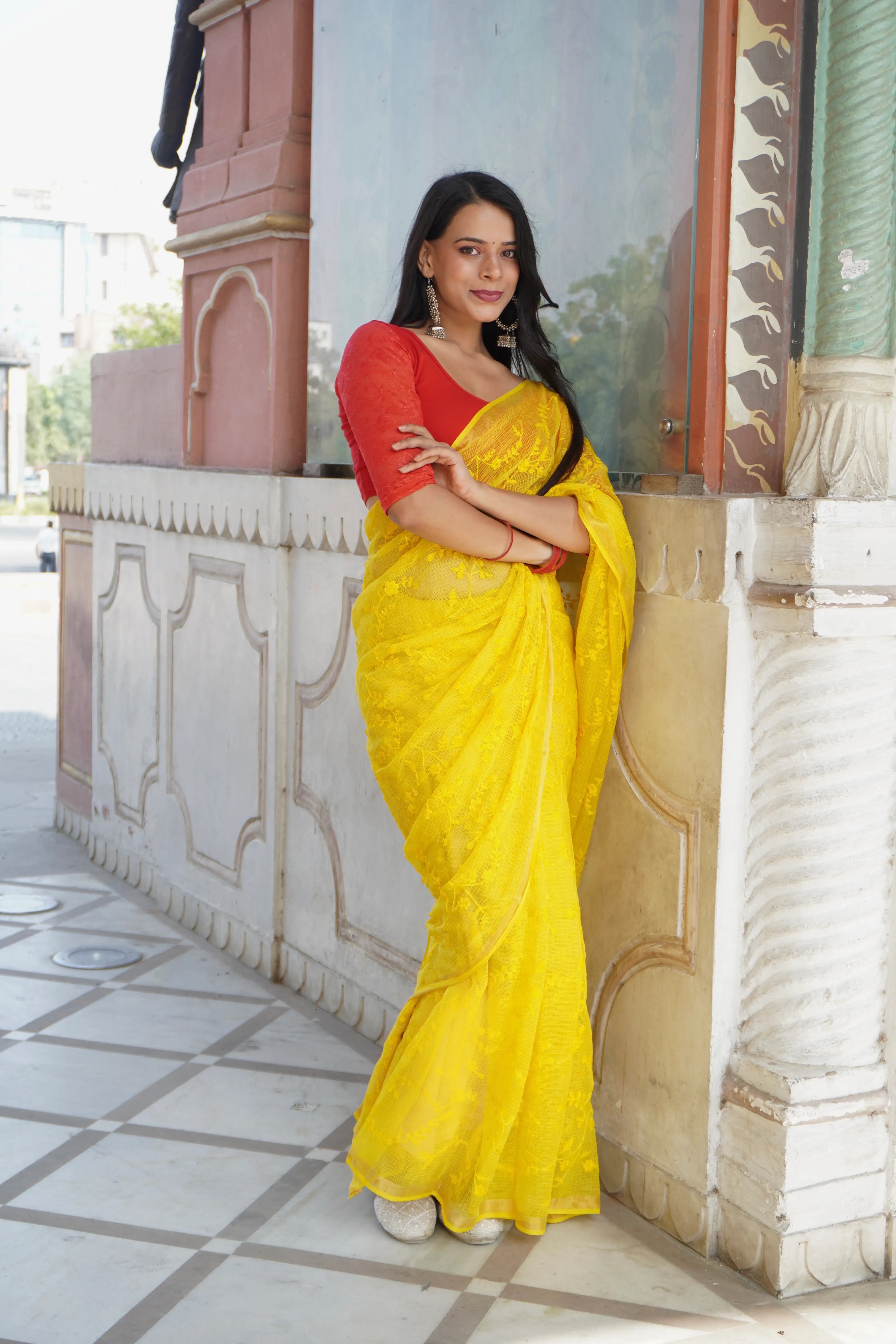 Sunshine Yellow Organic Cotton Saree with Opulent Embroidery