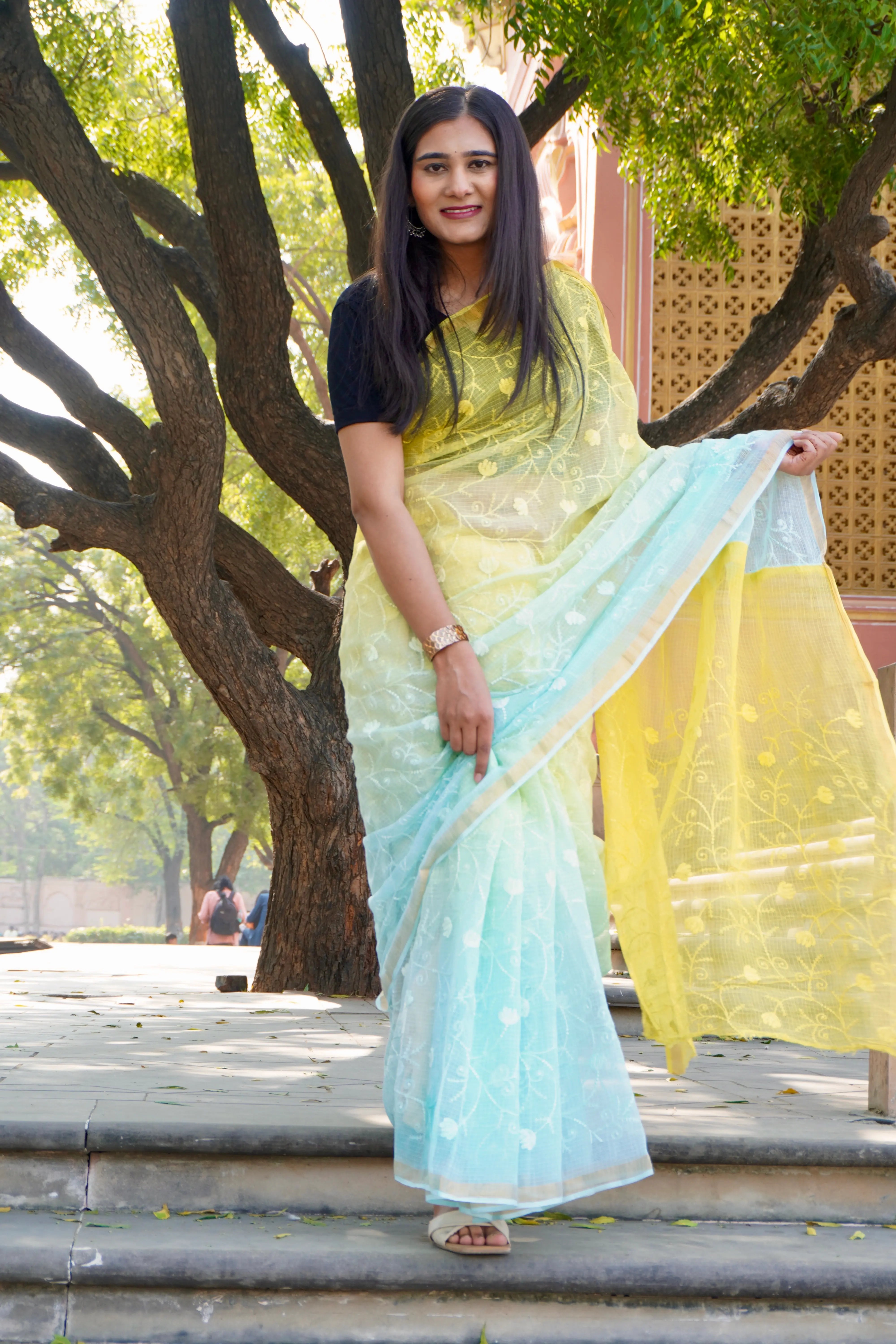 Blue Yellow Ombre Organic Cotton Saree with All-Over Embroidery