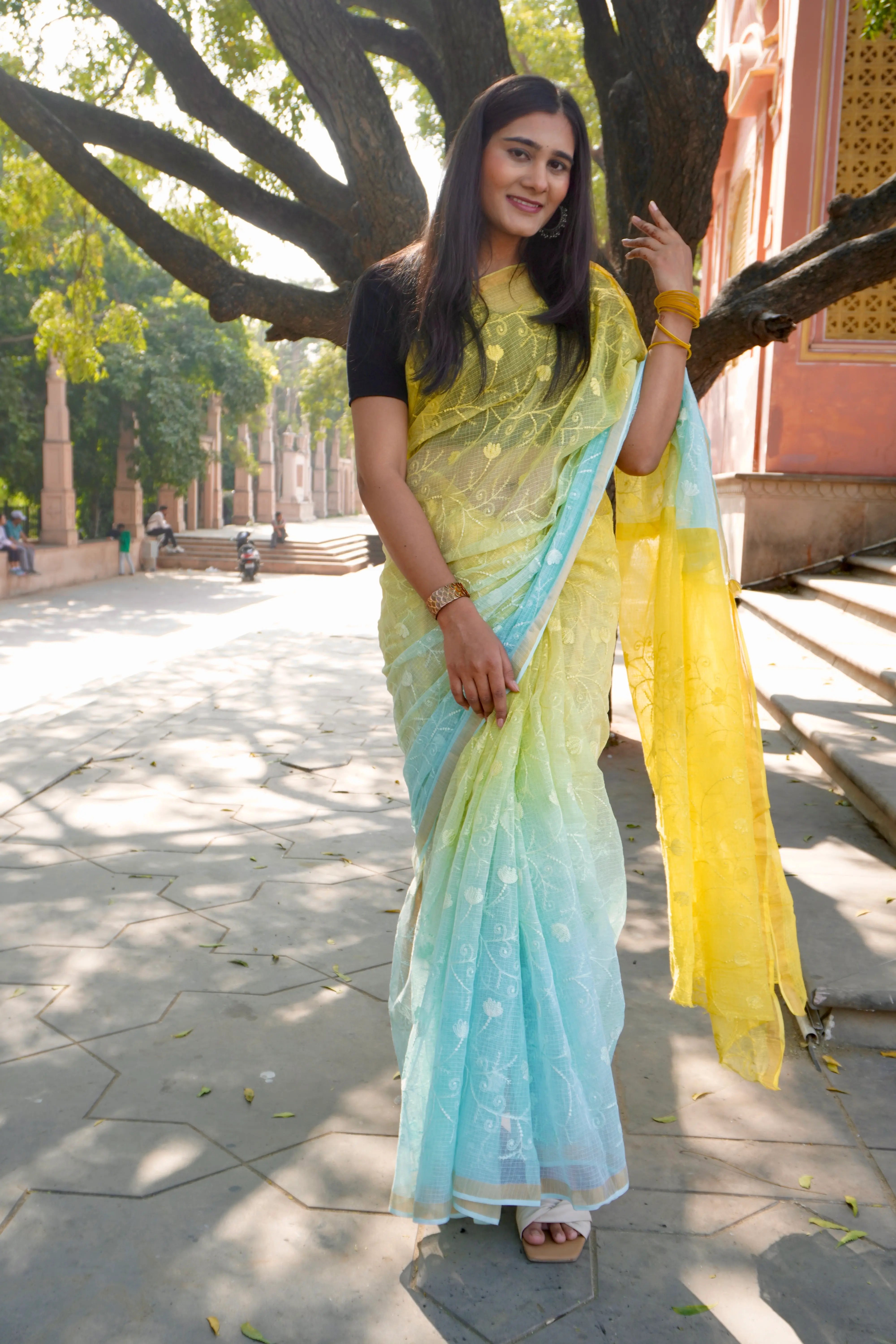 Blue Yellow Ombre Organic Cotton Saree with All-Over Embroidery