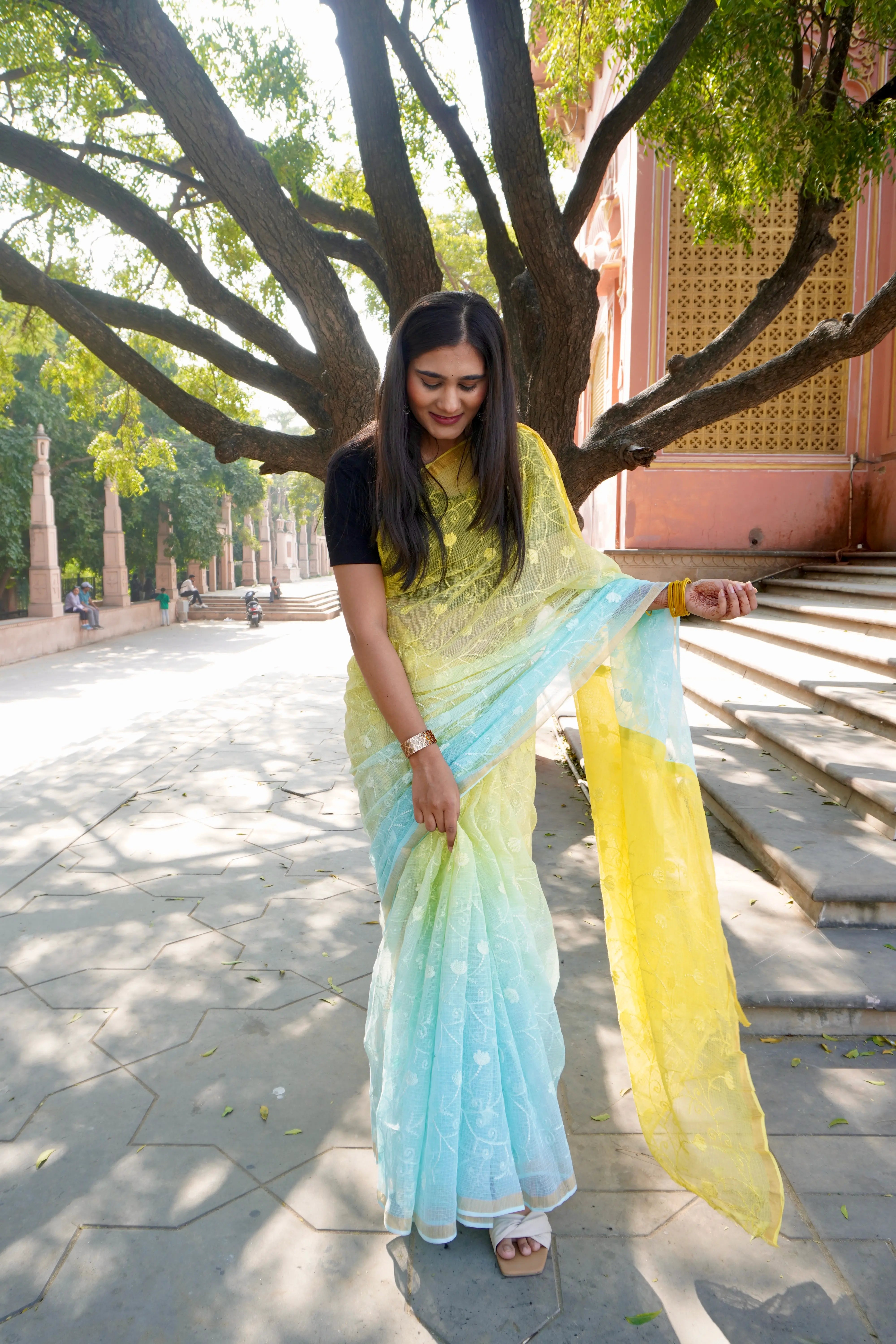 Blue Yellow Ombre Organic Cotton Saree with All-Over Embroidery