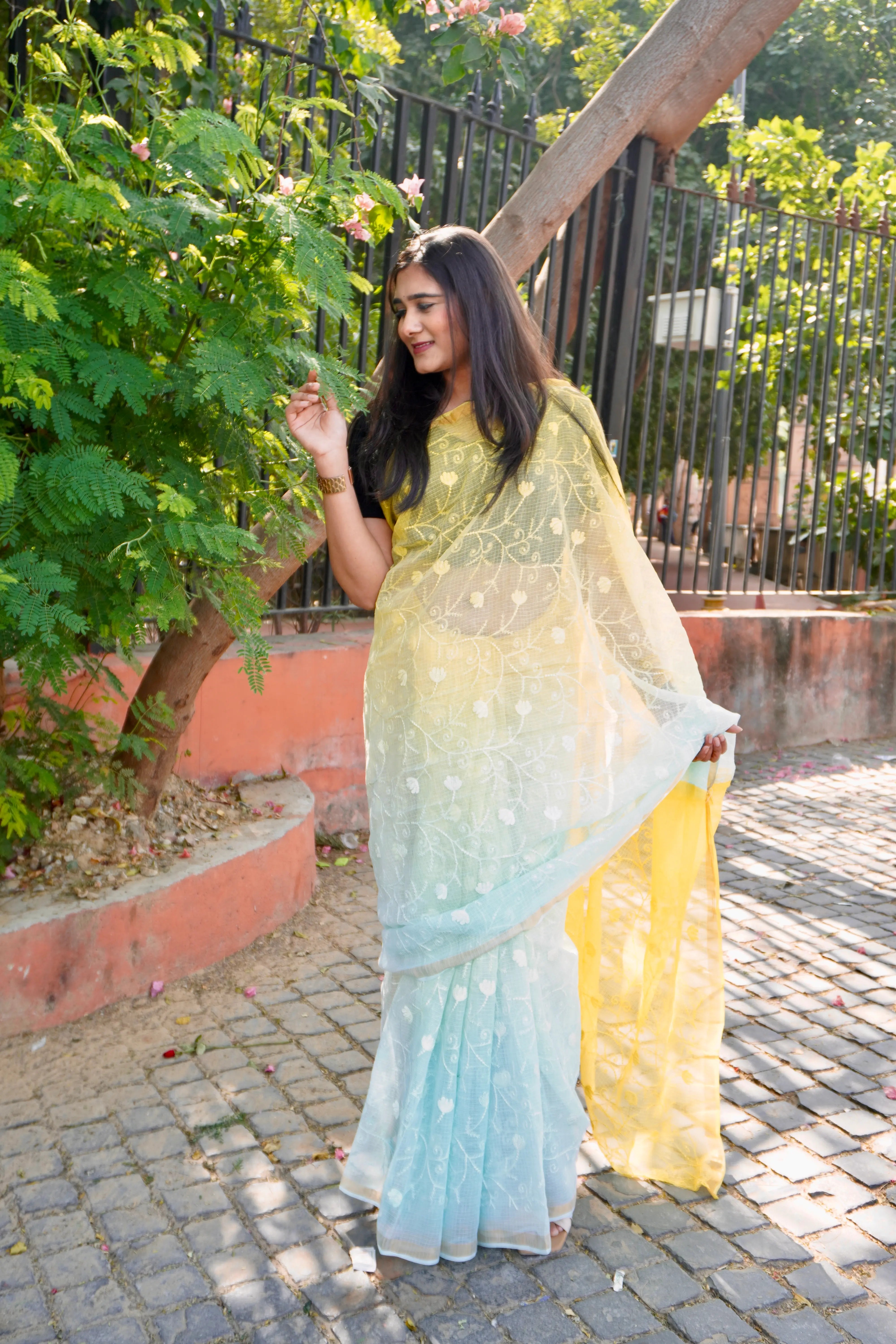 Blue Yellow Ombre Organic Cotton Saree with All-Over Embroidery