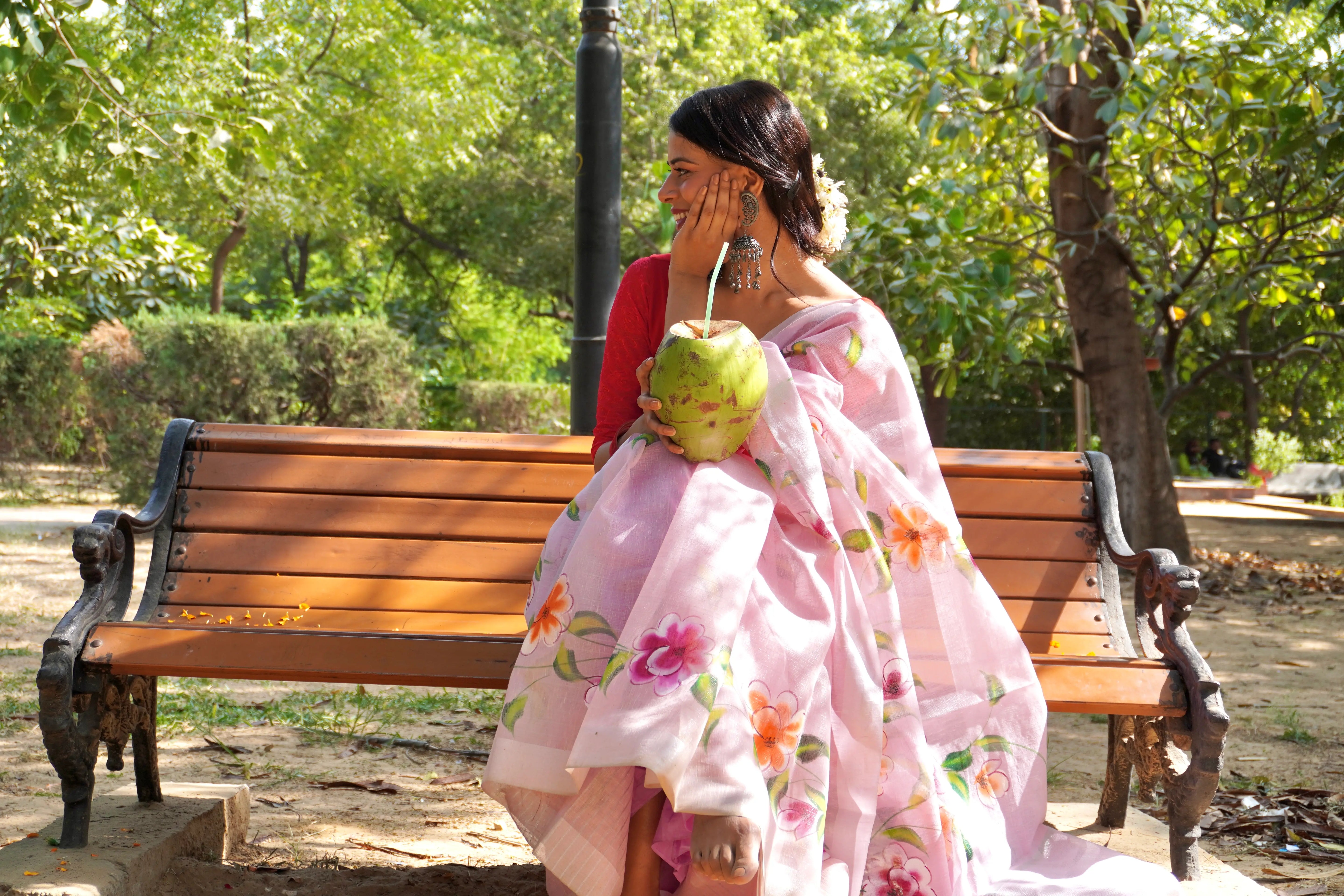 Pink Linen Tissue Saree with Hand Paint Work