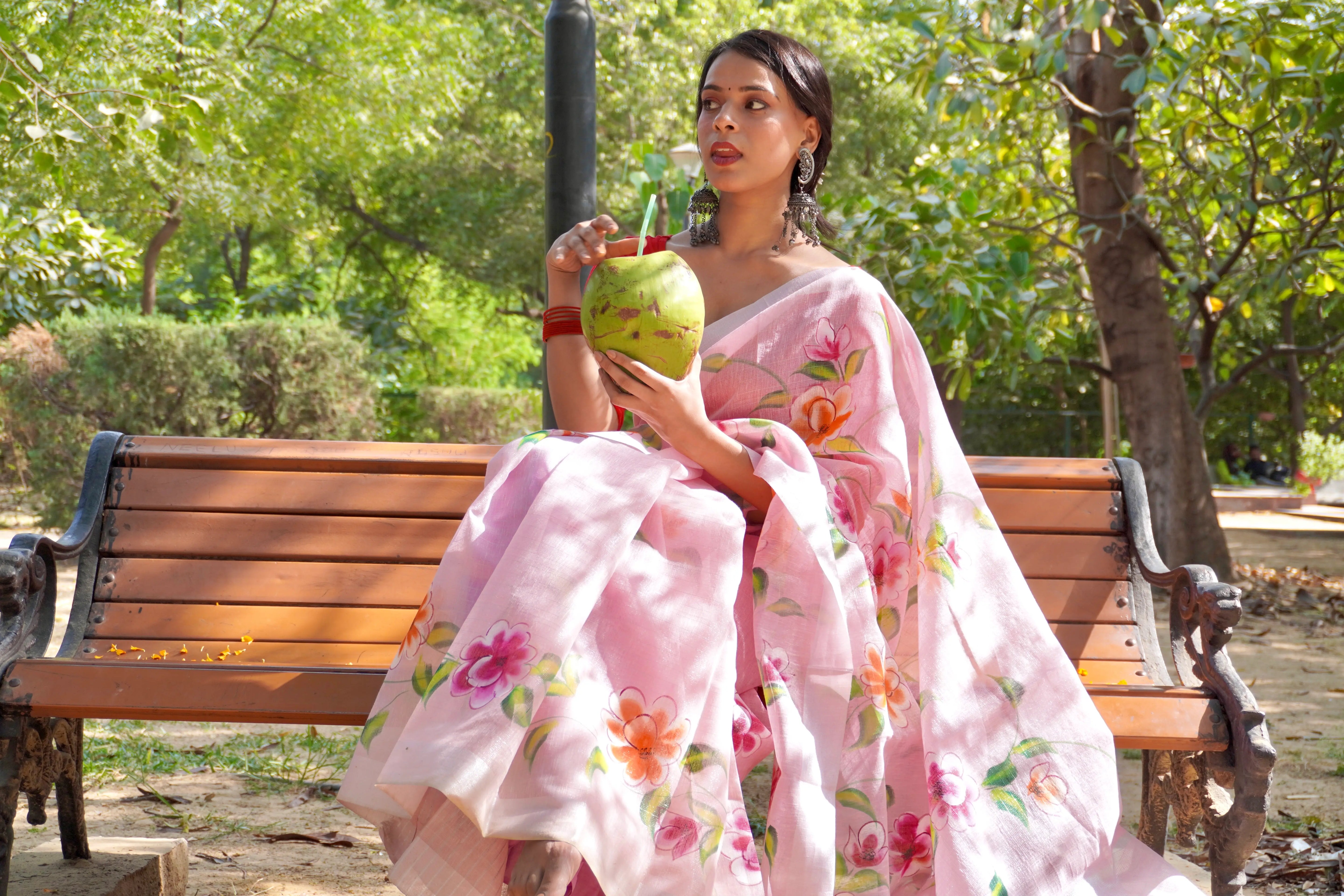 Pink Linen Tissue Saree with Hand Paint Work