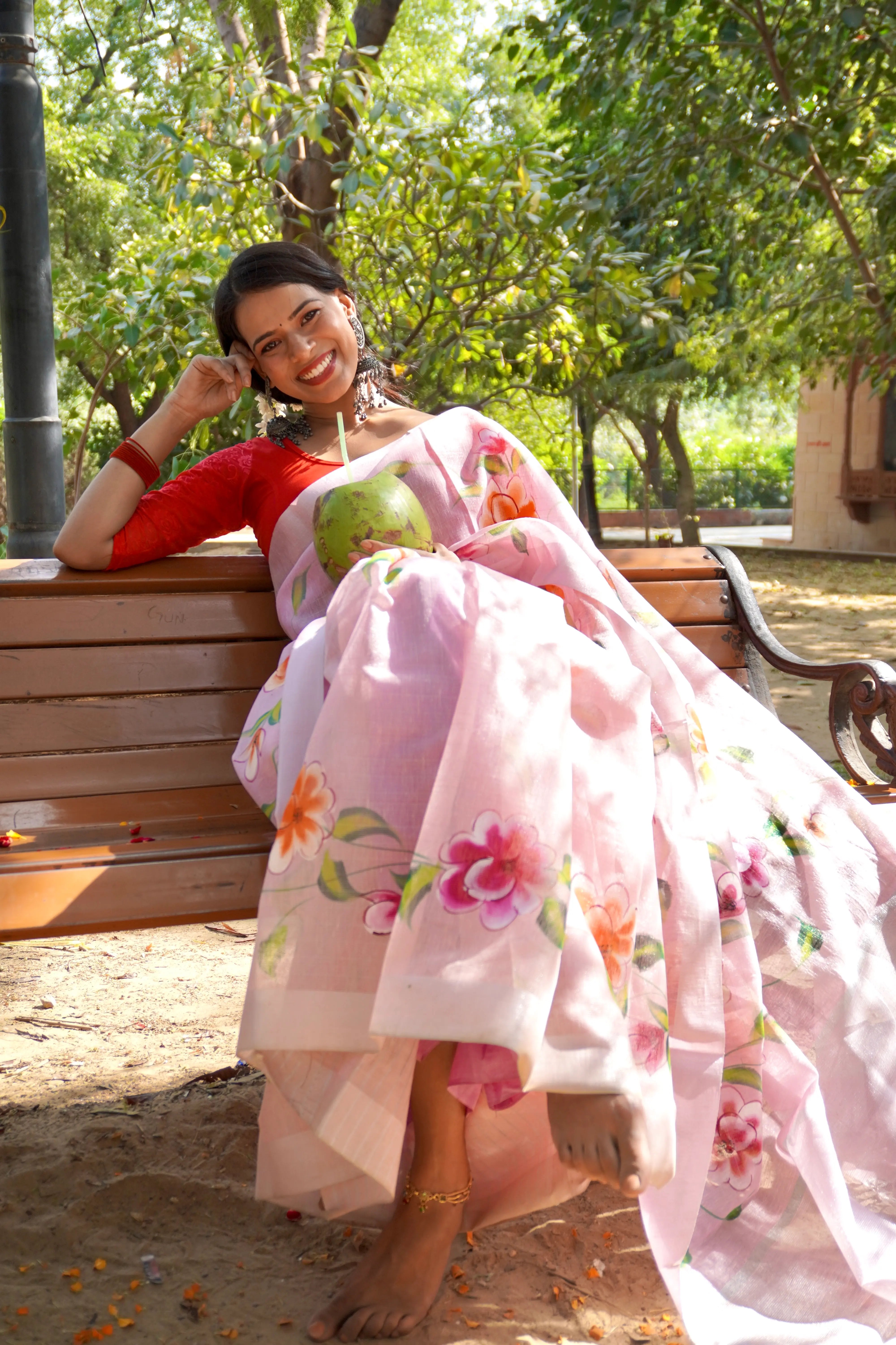 Pink Linen Tissue Saree with Hand Paint Work