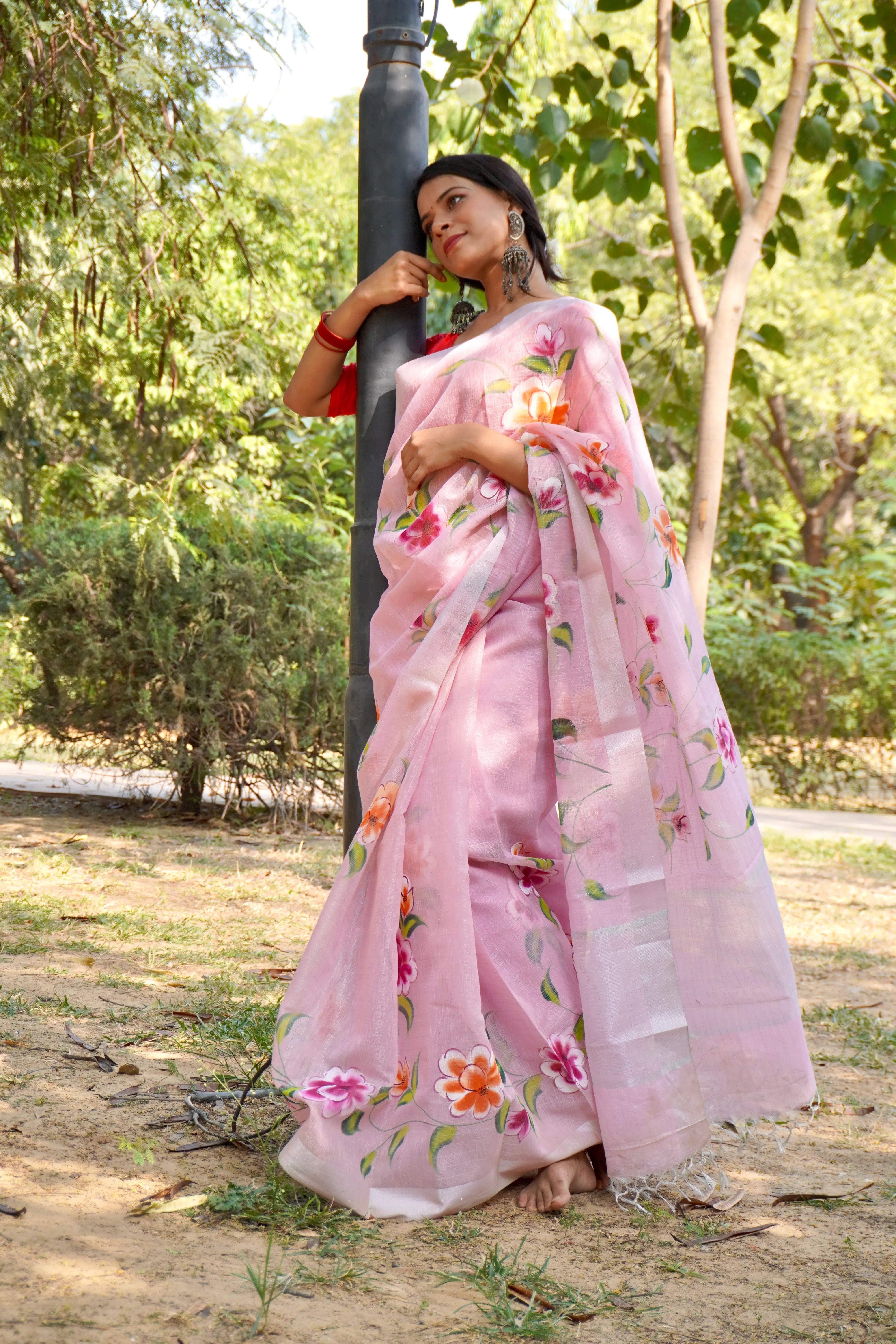 Pink Linen Tissue Saree with Hand Paint Work