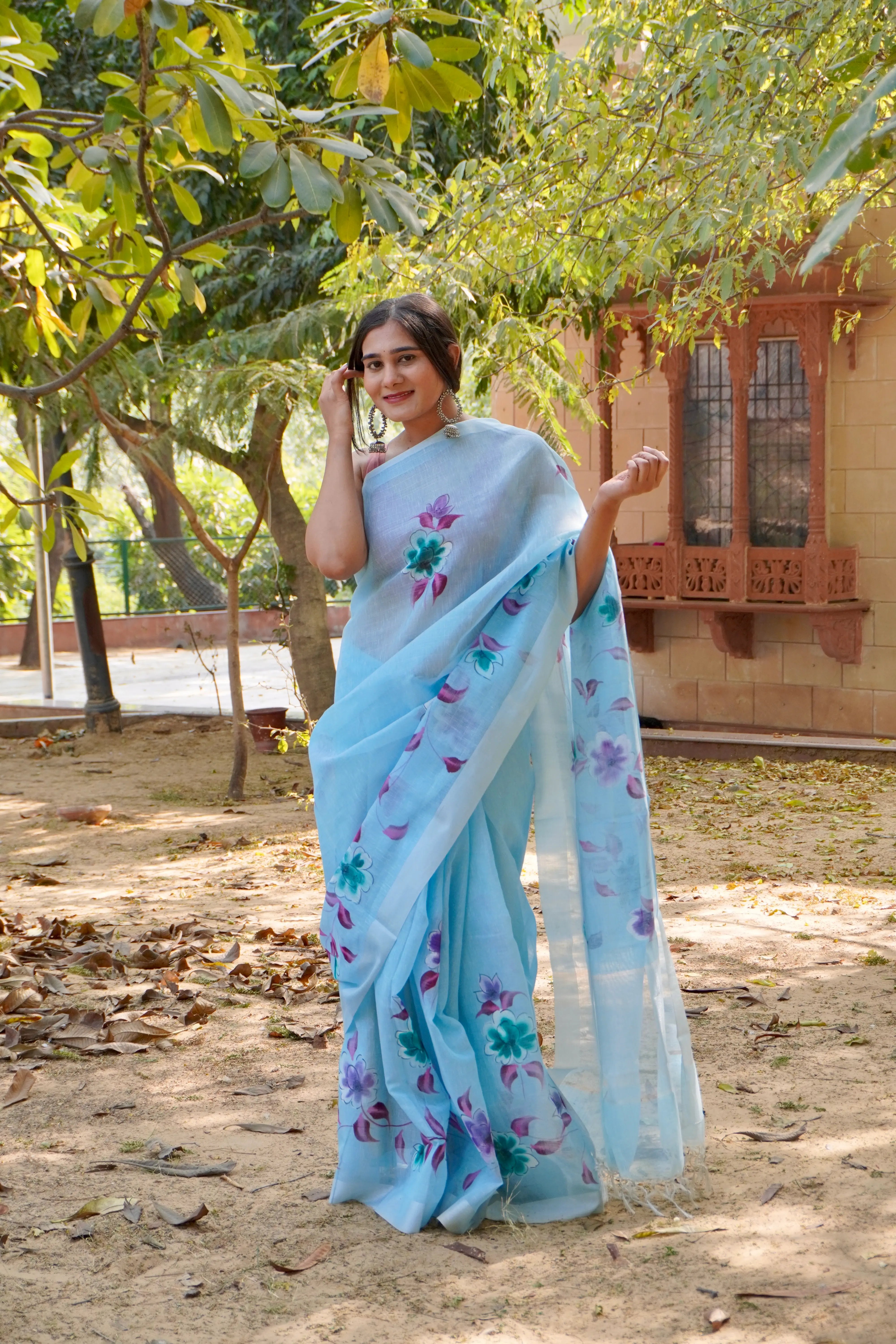 Sky Blue Linen Tissue Saree with Hand Paint Work