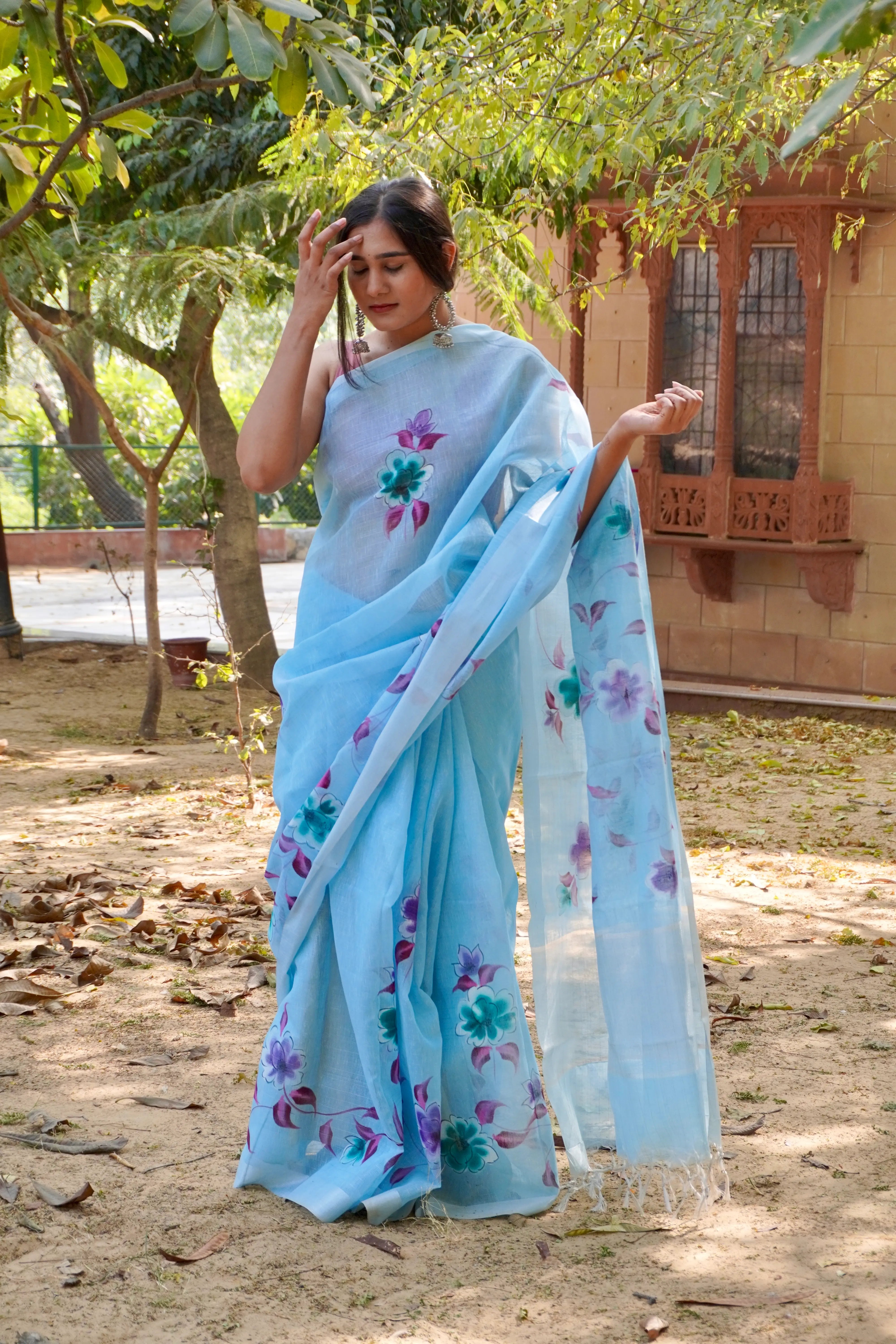 Sky Blue Linen Tissue Saree with Hand Paint Work