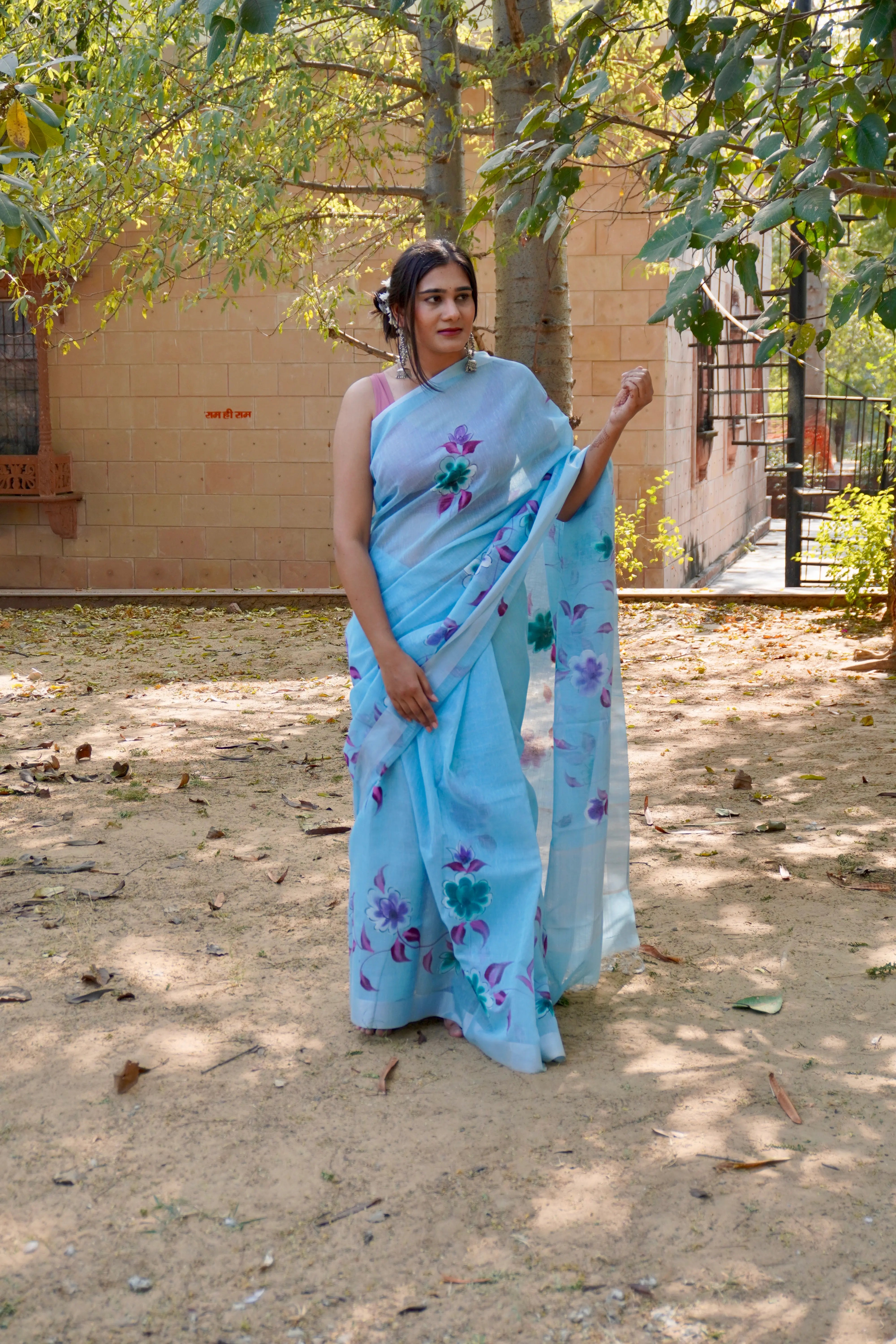 Sky Blue Linen Tissue Saree with Hand Paint Work