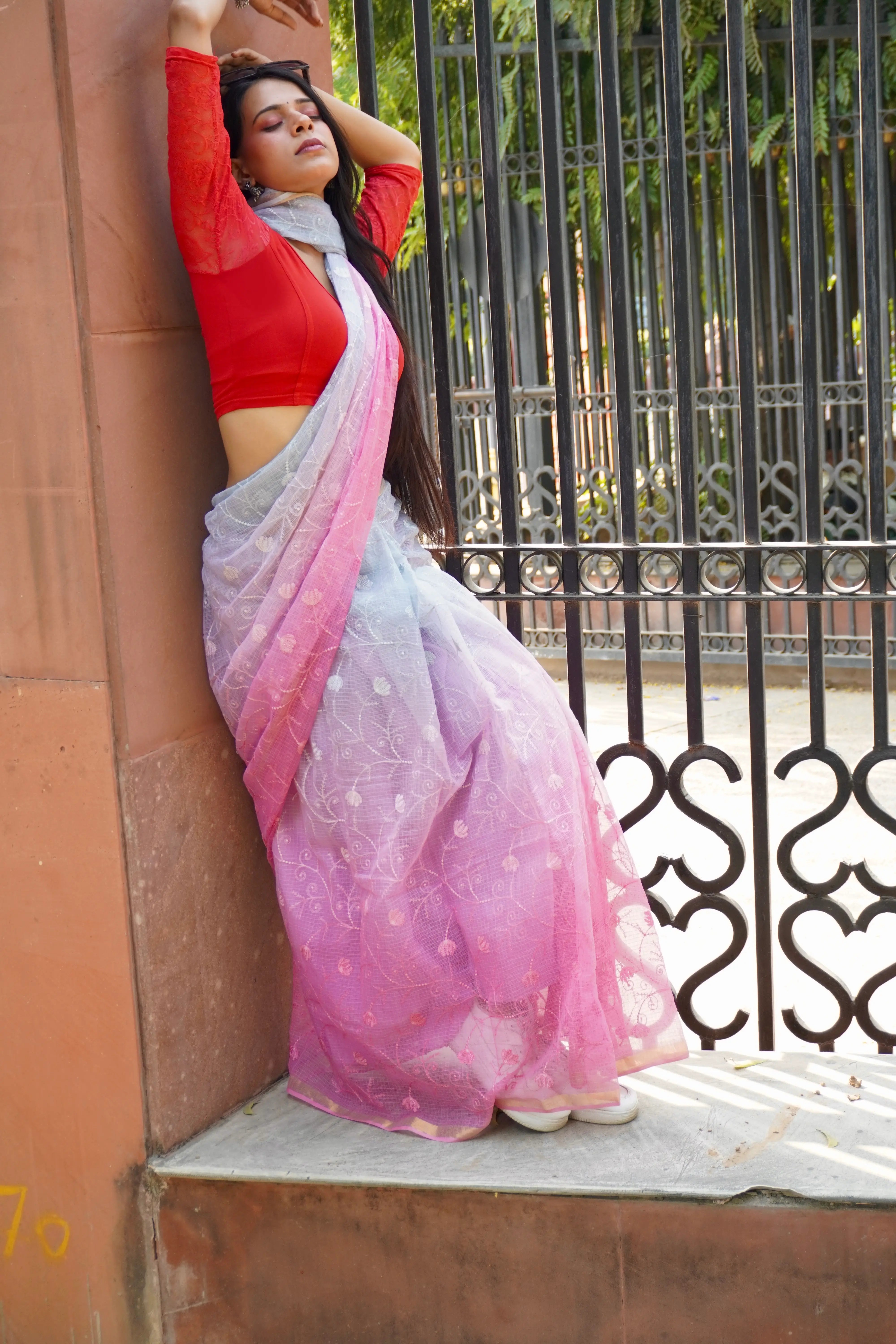 Purple Pink Ombre Organic Cotton Saree with All-Over Embroidery