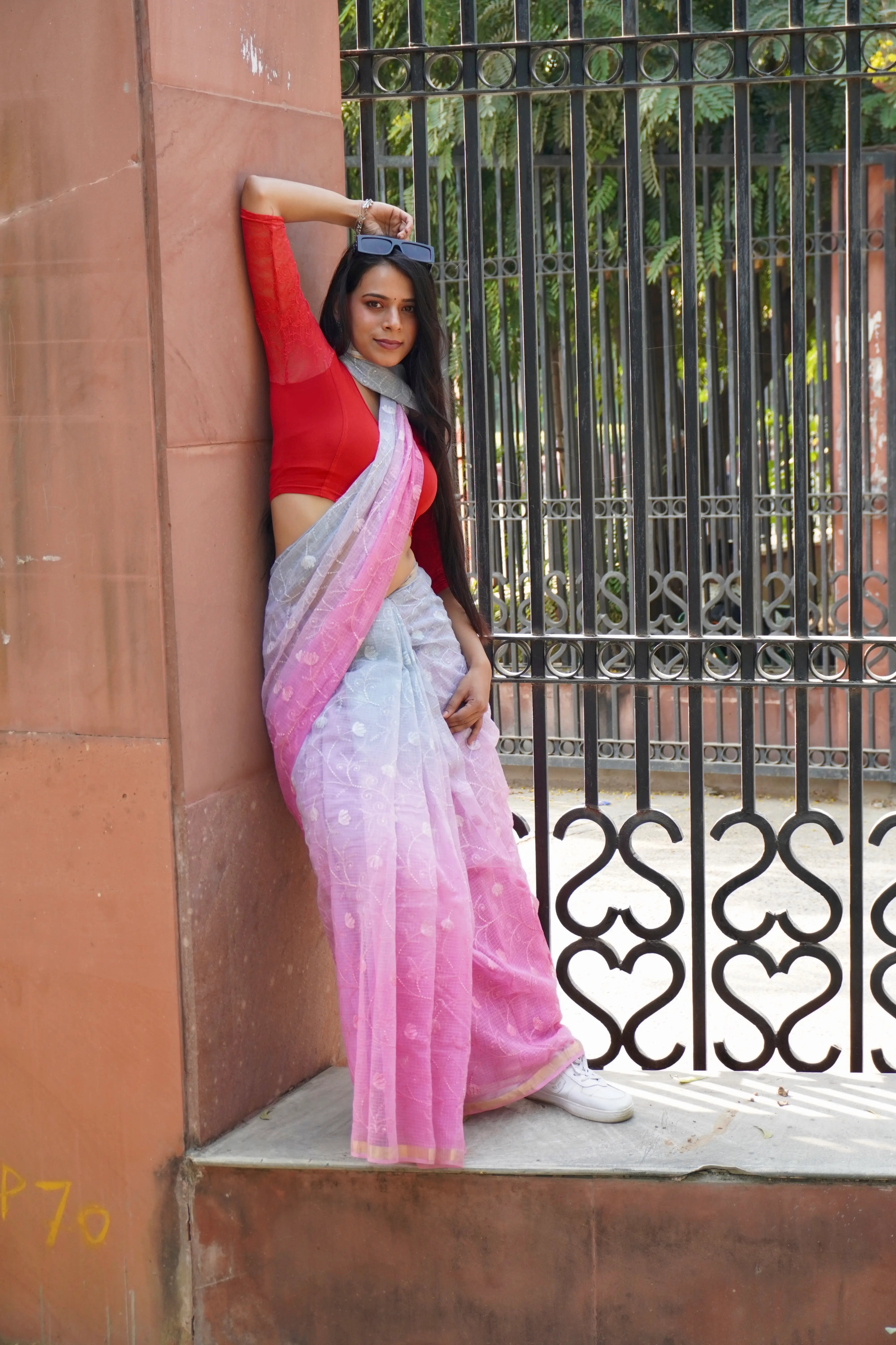 Purple Pink Ombre Organic Cotton Saree with All-Over Embroidery