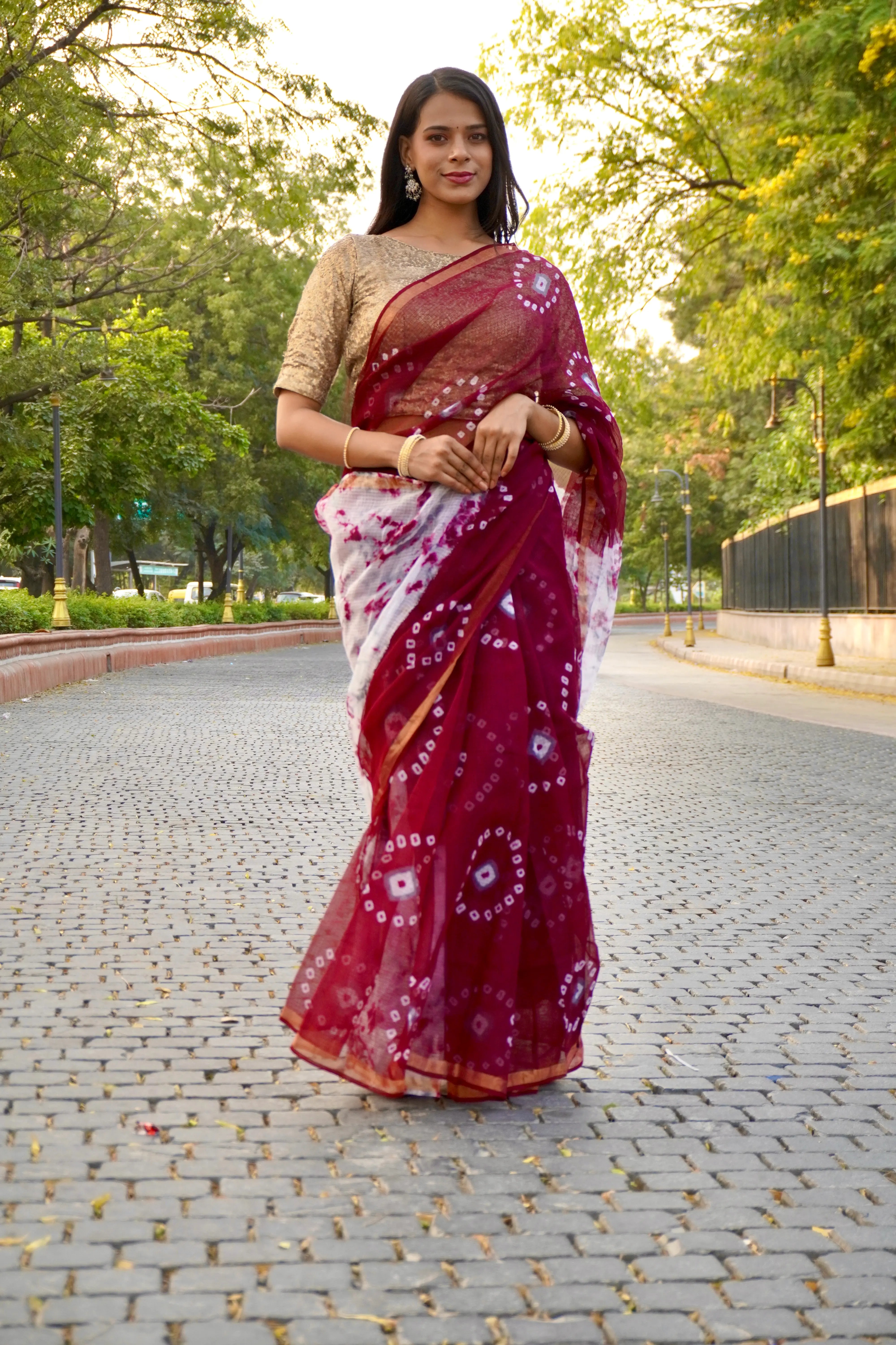 Maroon Organic Cotton Saree with Bandhani Pattern