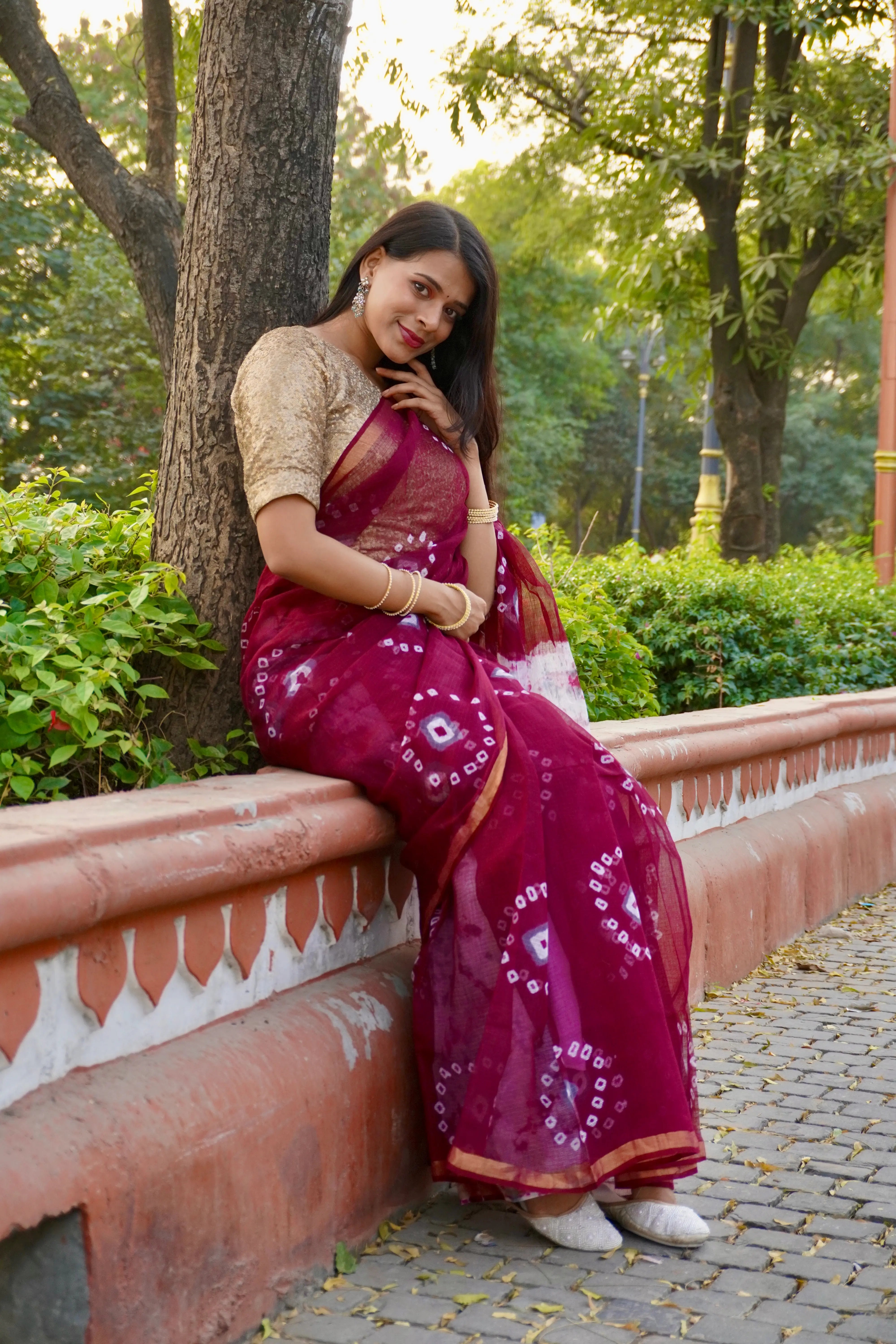 Maroon Organic Cotton Saree with Bandhani Pattern