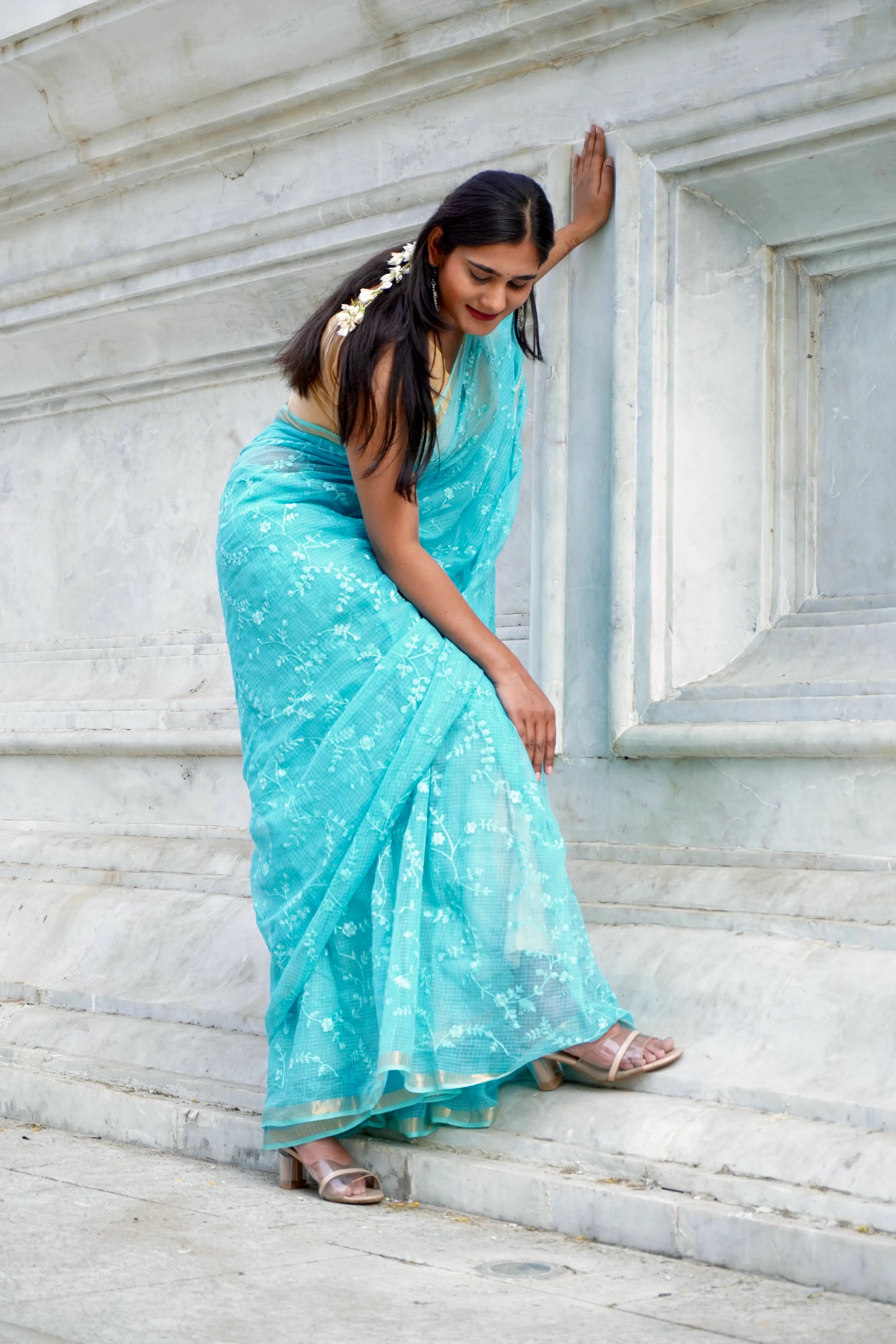 Turquoise Blue (Firozi) Cotton Saree with Opulent Embroidery